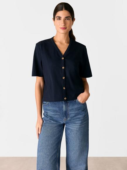 Whistles Ella V-Neck Button Through Top, Navy, Navy