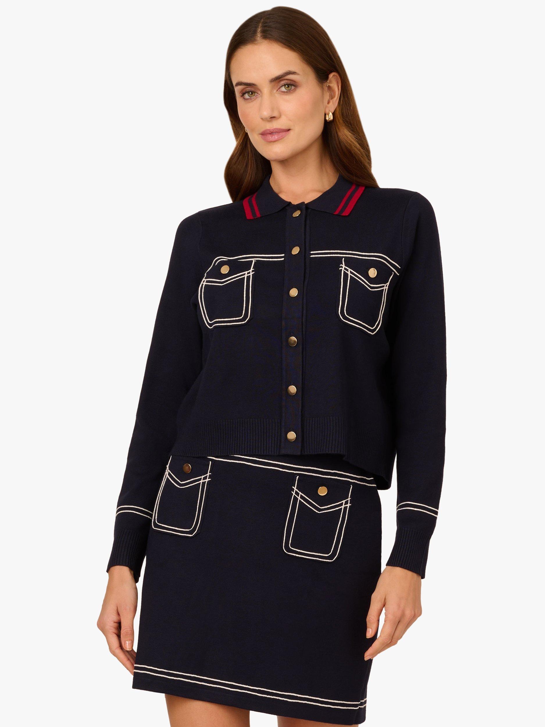 Product image 1 of 6, which shows Adrianna Papell Contrast Tipped Cropped Cardigan, Navy/Red, S
