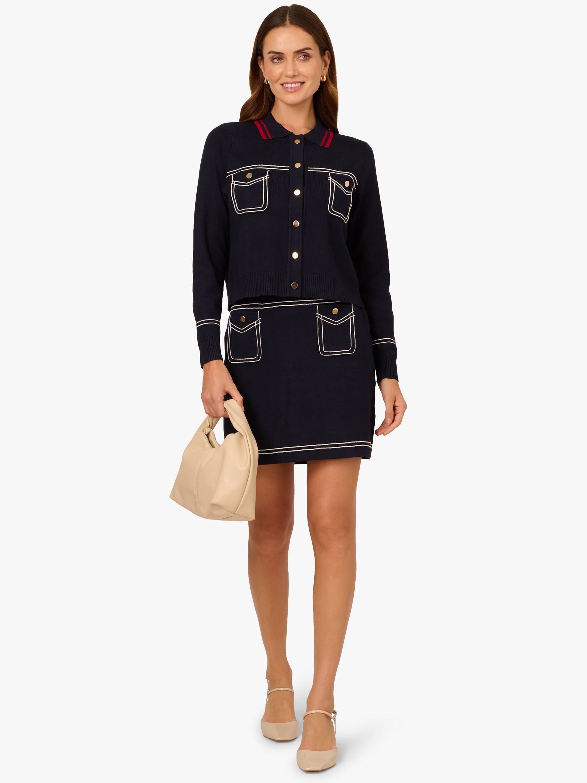 Product image 3 of 6, which shows Adrianna Papell Contrast Tipped Cropped Cardigan, Navy/Red, S