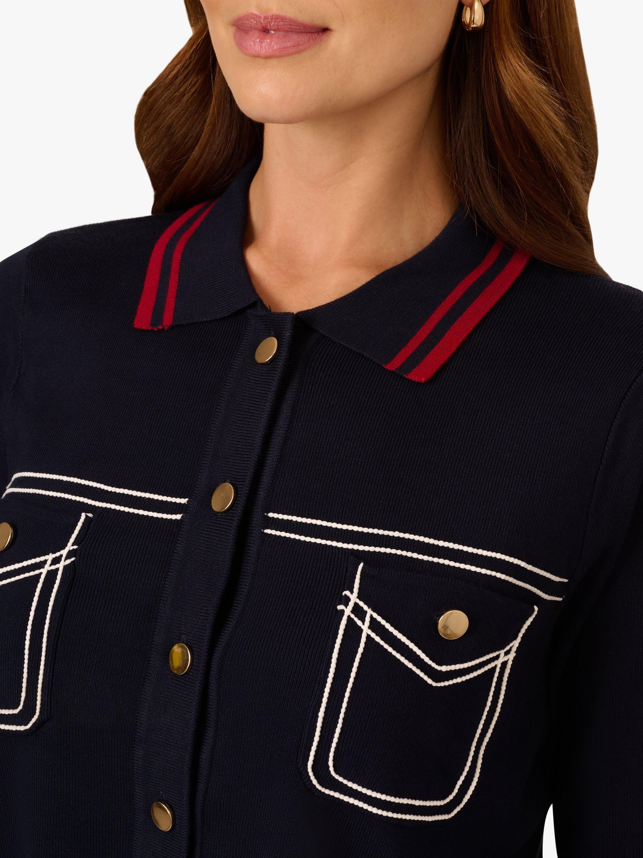 Product image 4 of 6, which shows Adrianna Papell Contrast Tipped Cropped Cardigan, Navy/Red, S