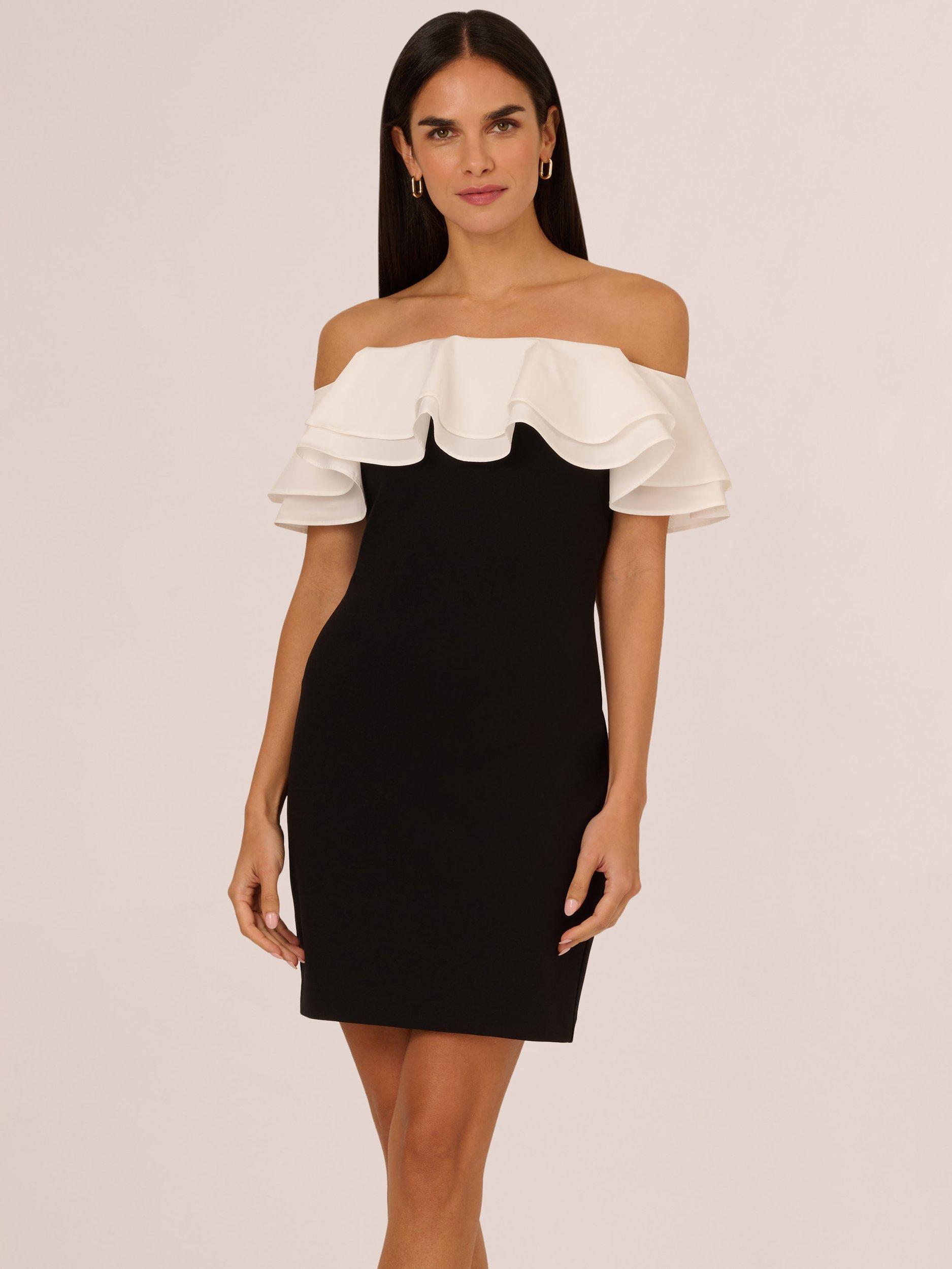 Product image 1 of 8, which shows Adrianna by Adrianna Papell Knit Crepe Colour Block Mini Dress, Black/Ivory, 8
