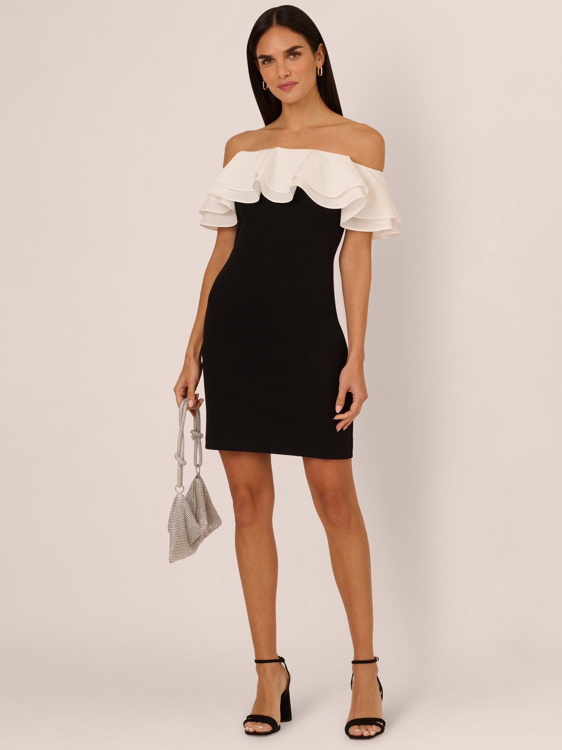 Product image 2 of 8, which shows Adrianna by Adrianna Papell Knit Crepe Colour Block Mini Dress, Black/Ivory, 8