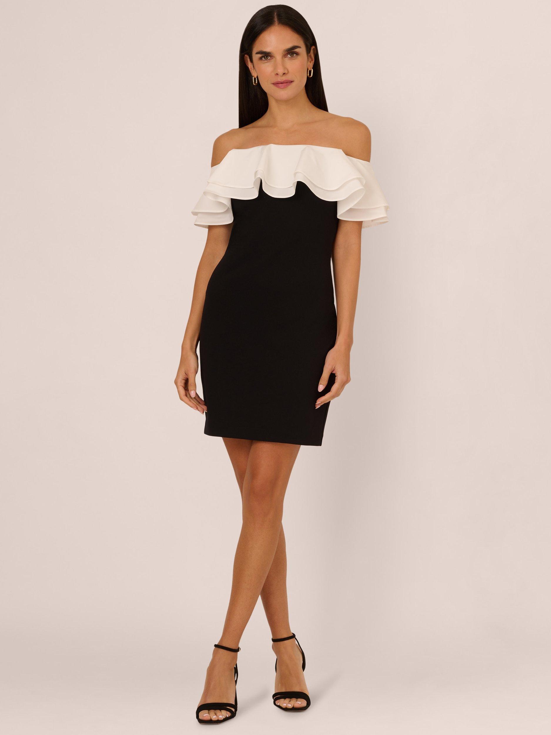 Product image 4 of 8, which shows Adrianna by Adrianna Papell Knit Crepe Colour Block Mini Dress, Black/Ivory, 8