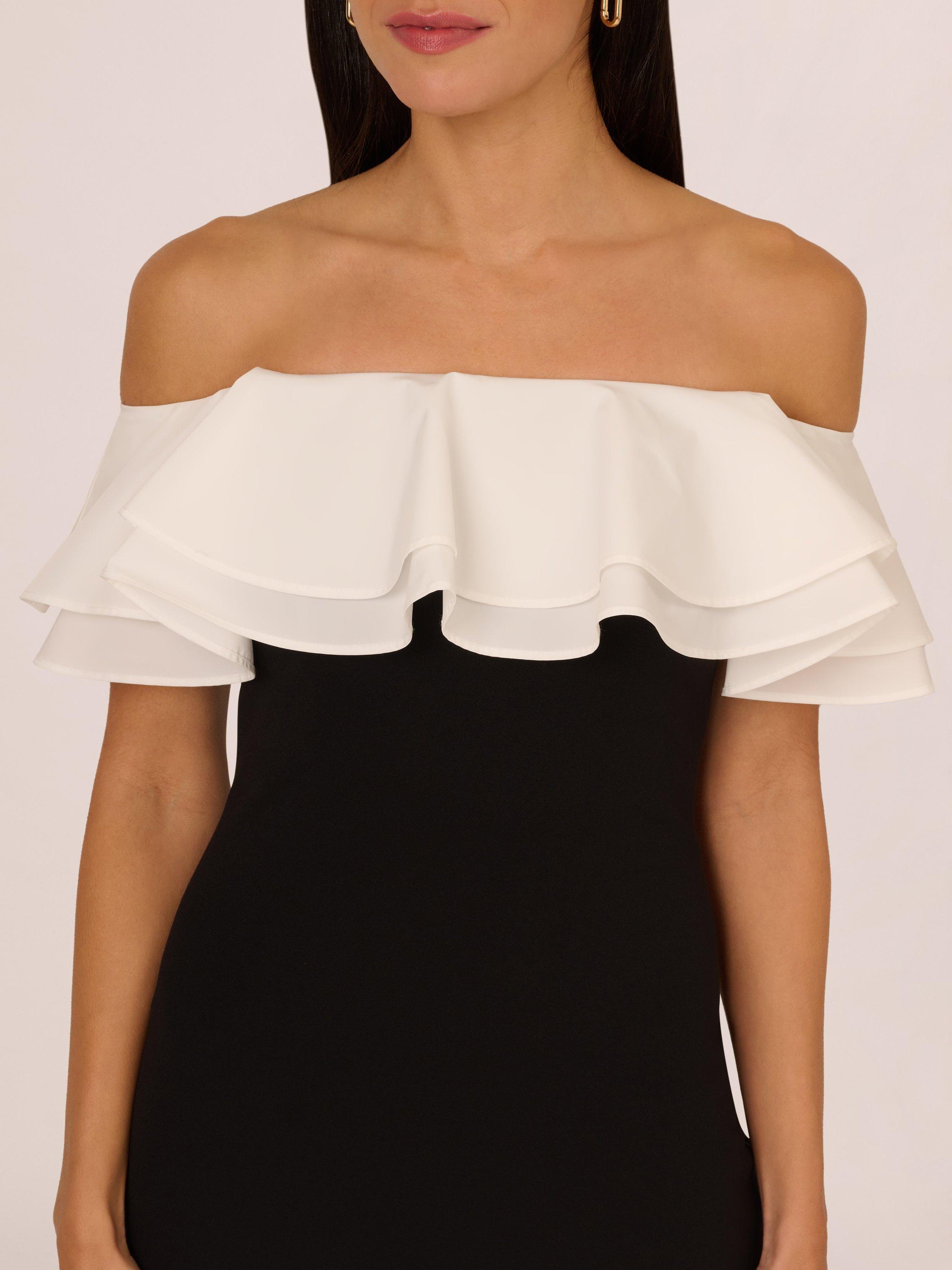 Product image 5 of 8, which shows Adrianna by Adrianna Papell Knit Crepe Colour Block Mini Dress, Black/Ivory, 8