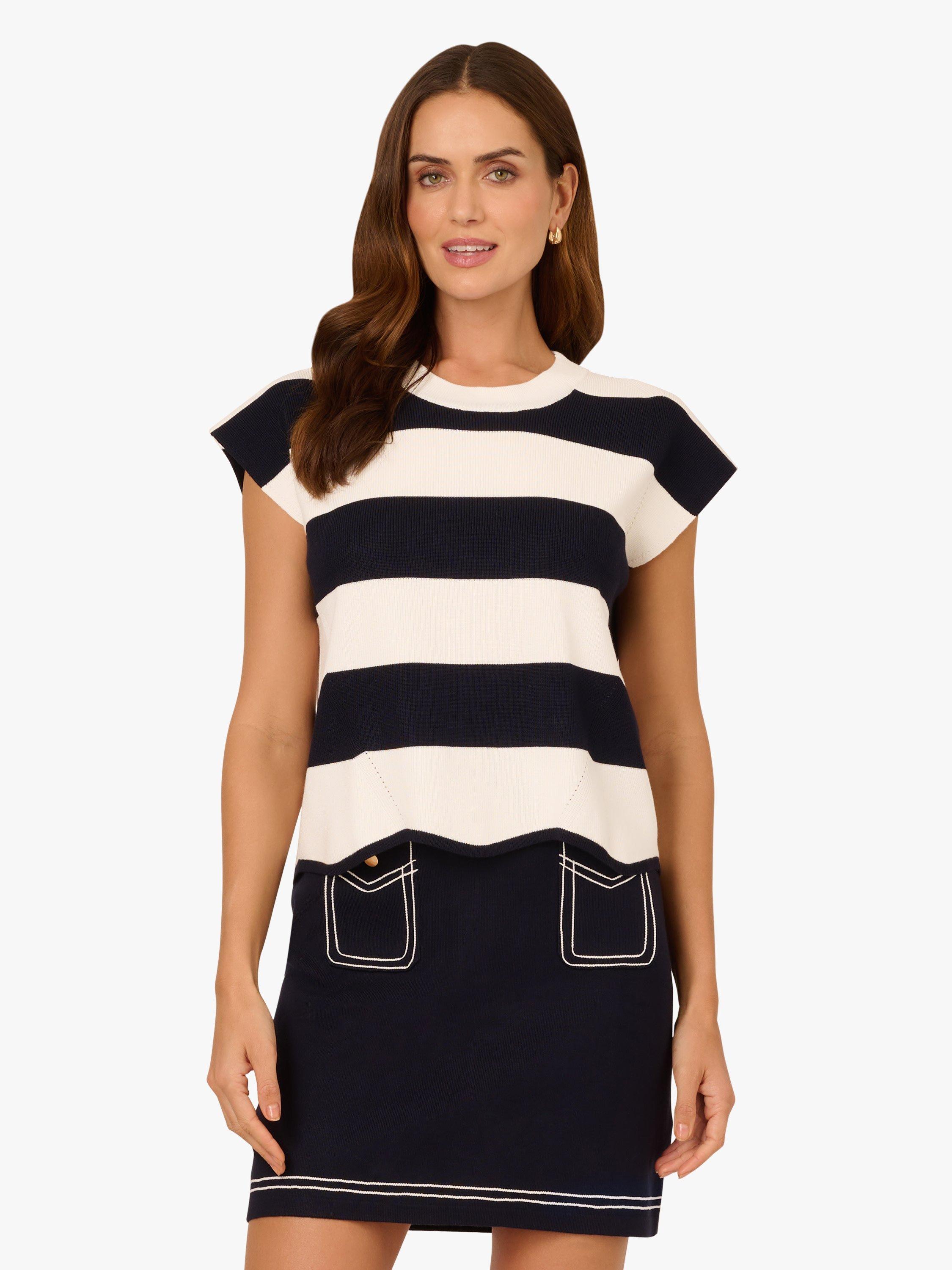 Product image 1 of 6, which shows Adrianna Papell Stripe Shaker Stitch Top, Ivory/Navy, XL