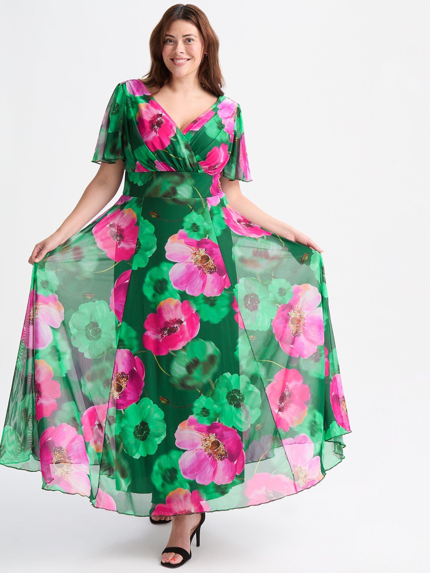 Product image 1 of 5, which shows Scarlett & Jo Isabelle Floral Float Sleeve Maxi Dress, Green/Pink, 12