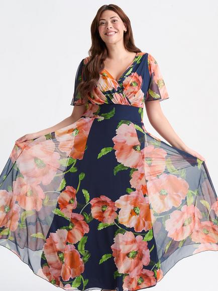 Scarlett & Jo Isabelle Floral Float Sleeve Maxi Dress, Navy/Orange, Navy/Orange