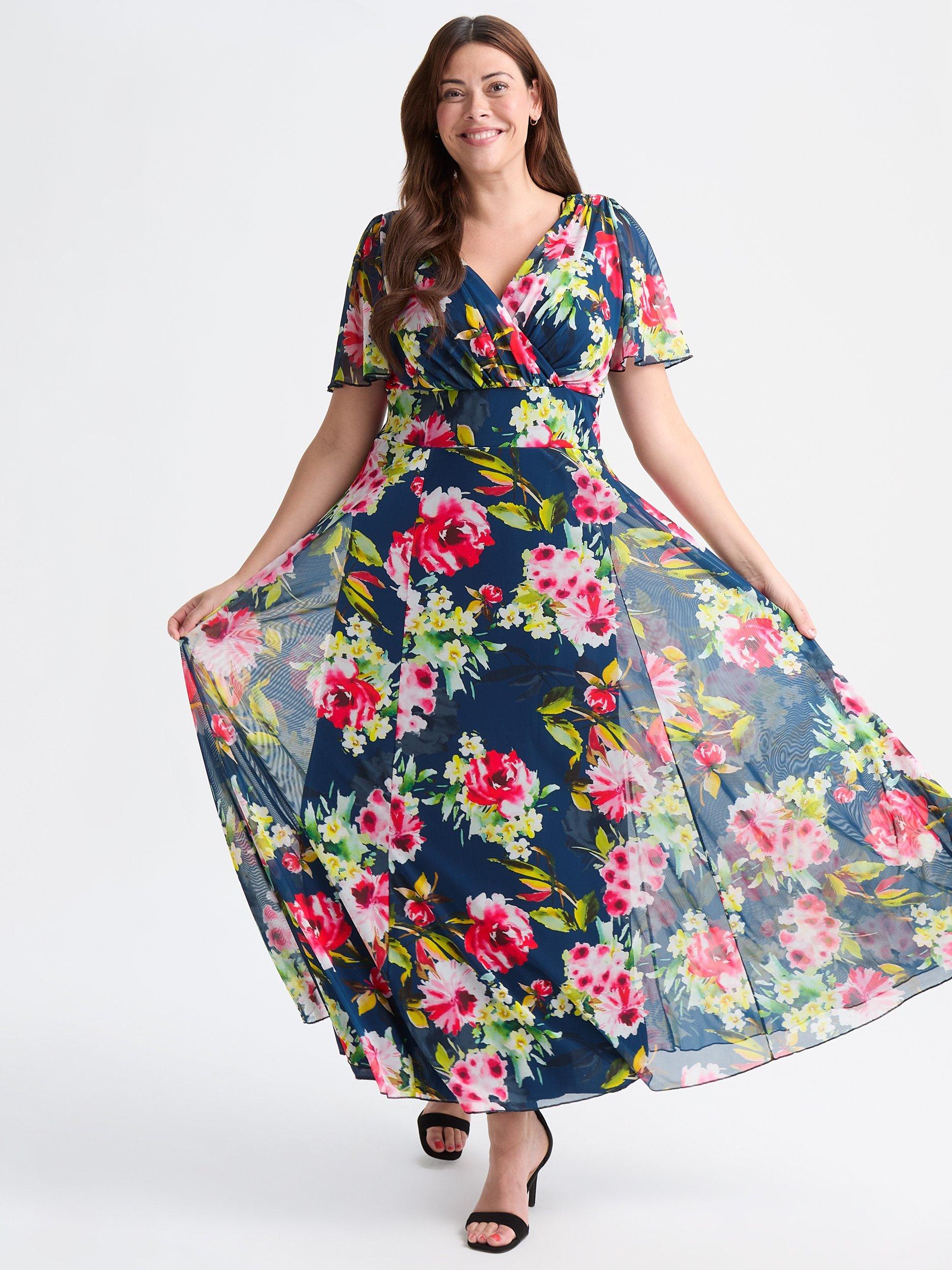 Product image 1 of 4, which shows Scarlett & Jo Isabelle Floral Float Sleeve Maxi Dress, Navy/Pink, 12
