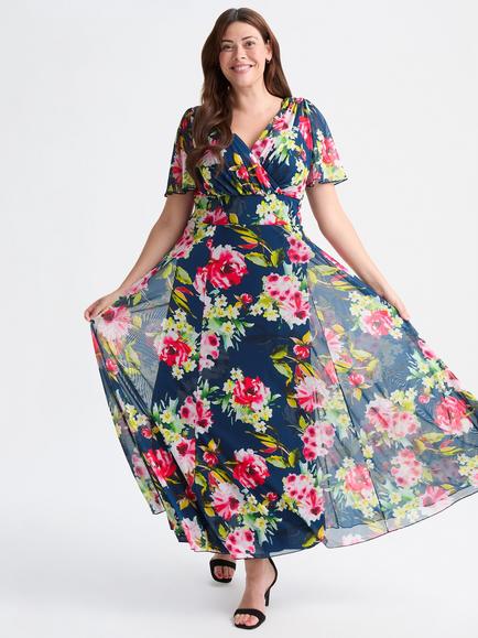 Scarlett & Jo Isabelle Floral Float Sleeve Maxi Dress, Navy/Pink, Navy/Pink