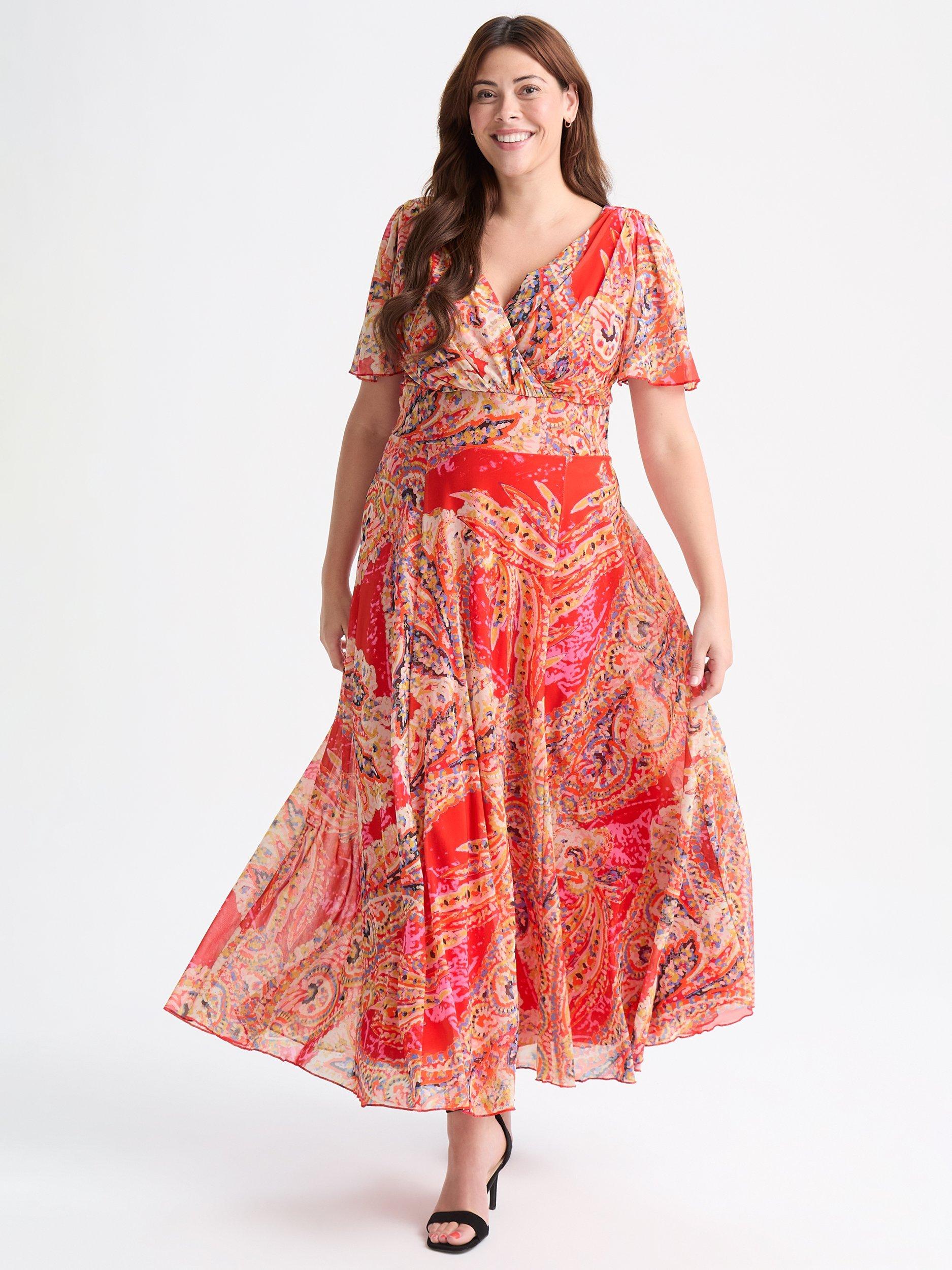 Product image 1 of 4, which shows Scarlett & Jo Isabelle Paisley Float Sleeve Maxi Dress, Orange/Multi, 12