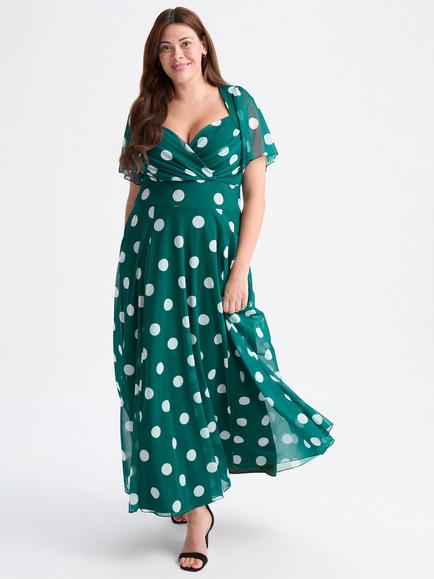 Scarlett & Jo Kemi Spot Wrap Bodice Mesh Maxi Dress, Dark Green/Multi