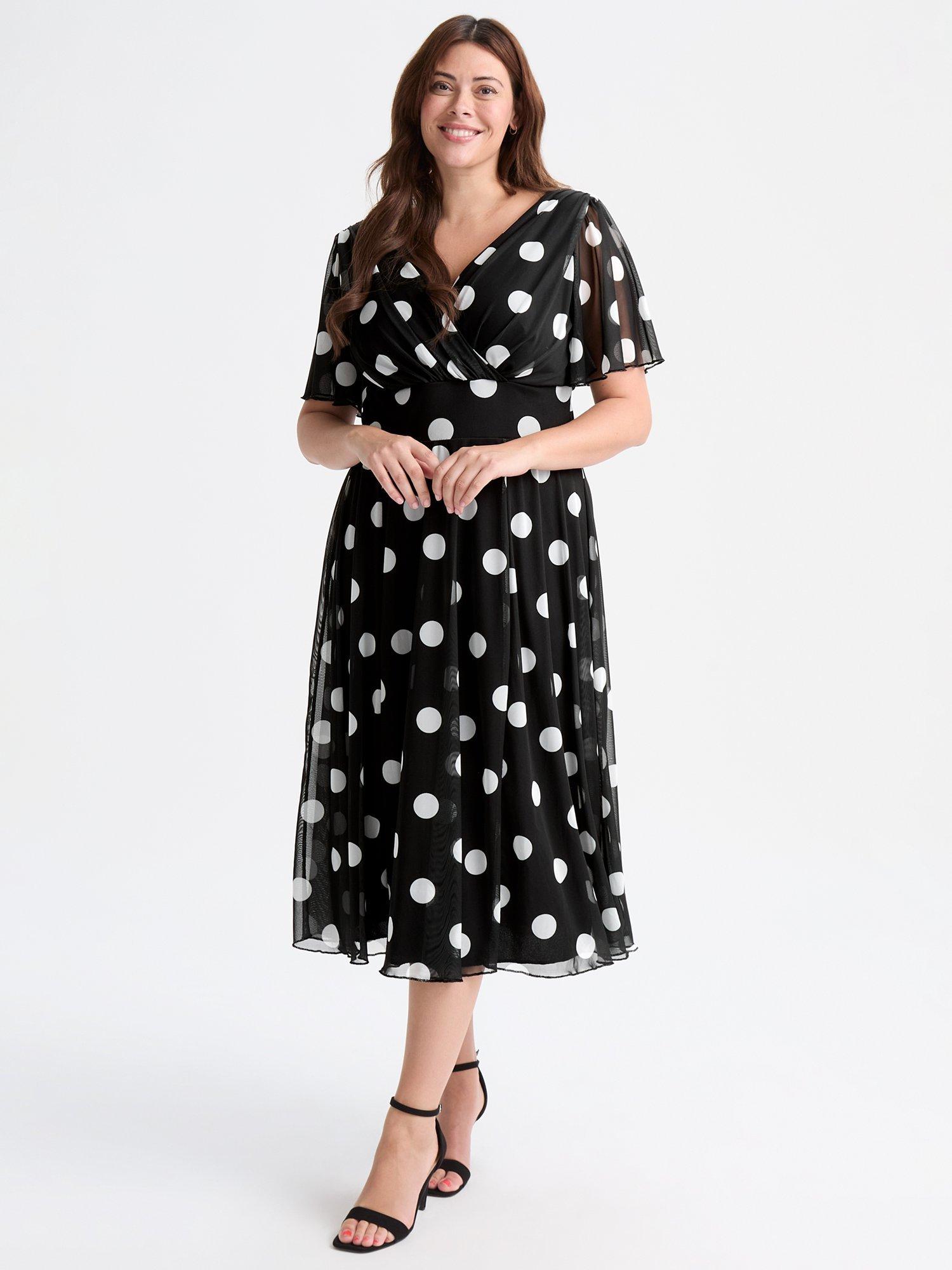 Product image 1 of 4, which shows Scarlett & Jo Victoria Polka Dot Angel Sleeve Mesh Midi Dress, Black/Multi, 12