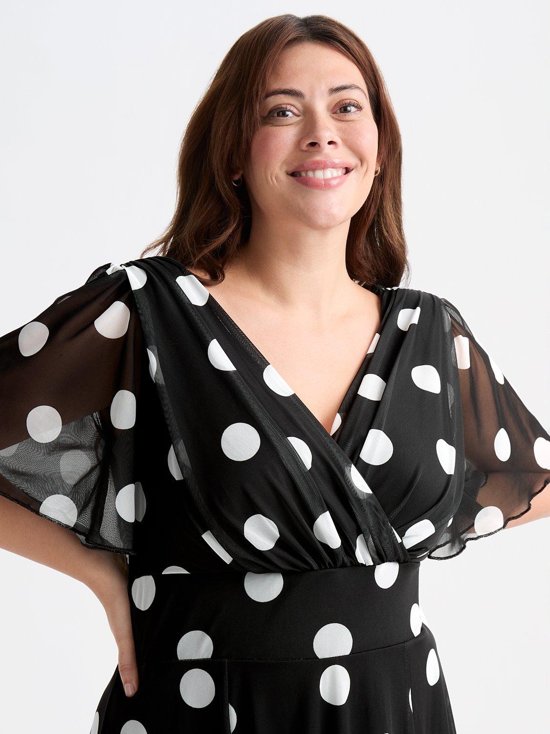 Product image 2 of 4, which shows Scarlett & Jo Victoria Polka Dot Angel Sleeve Mesh Midi Dress, Black/Multi, 12