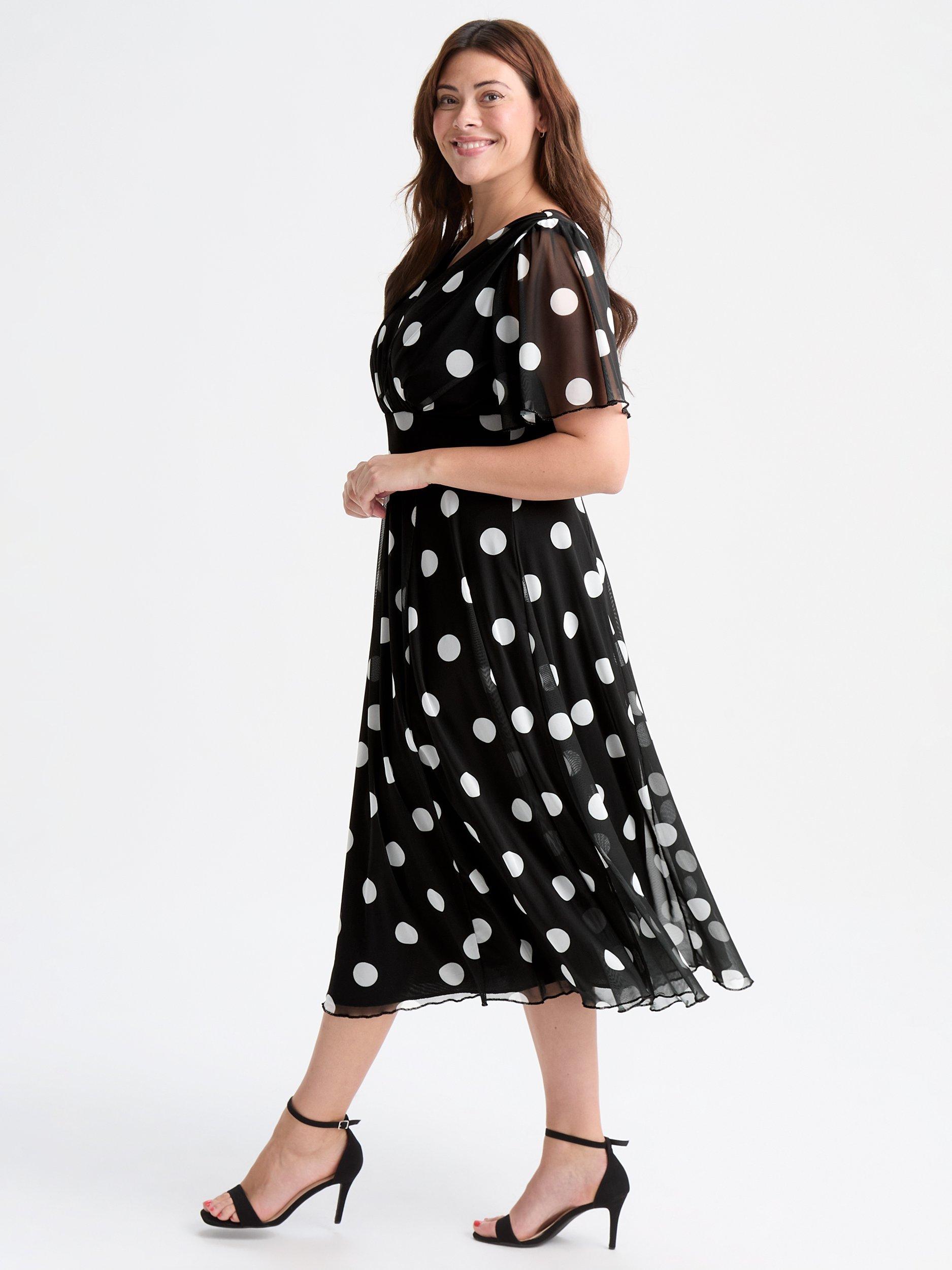 Product image 3 of 4, which shows Scarlett & Jo Victoria Polka Dot Angel Sleeve Mesh Midi Dress, Black/Multi, 12