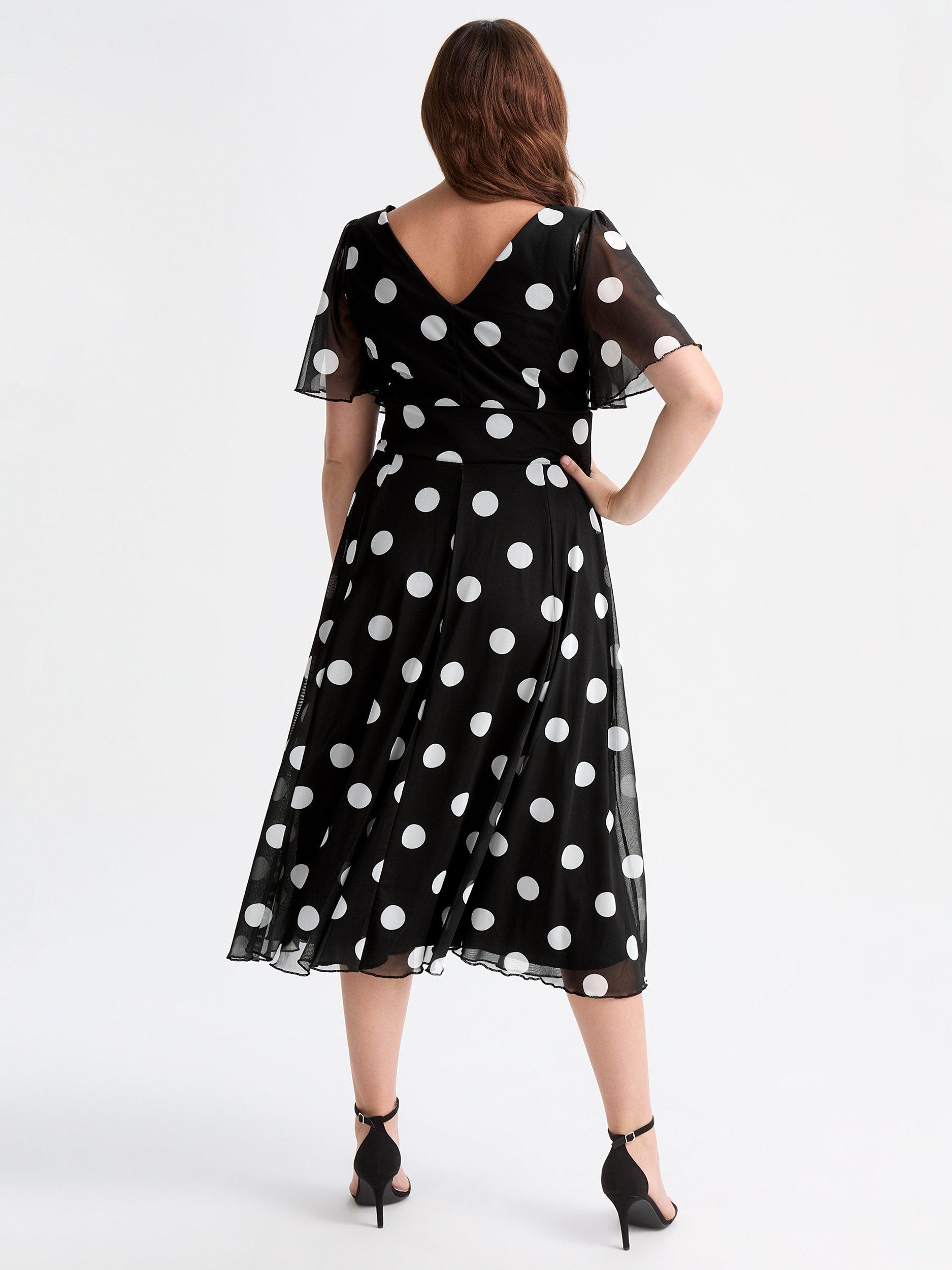 Product image 4 of 4, which shows Scarlett & Jo Victoria Polka Dot Angel Sleeve Mesh Midi Dress, Black/Multi, 12