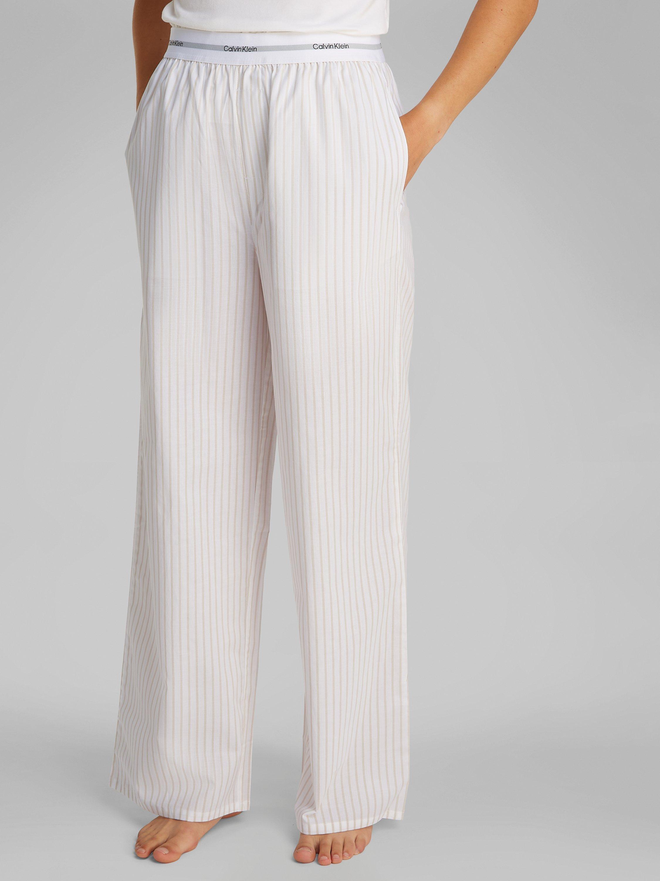 Product image 1 of 6, which shows Calvin Klein Stripe Cotton Poplin Pyjama Bottoms, Pelican, XS