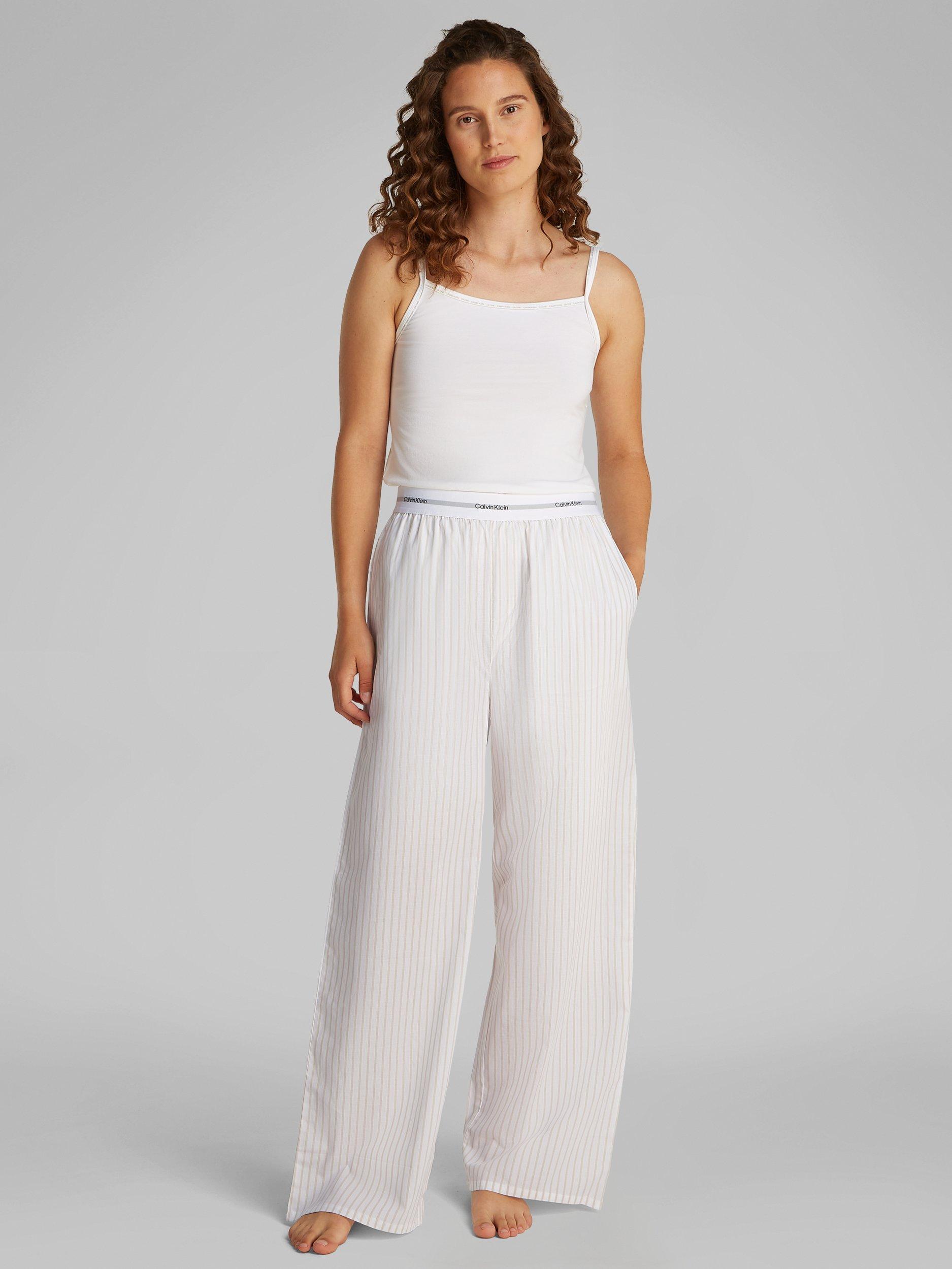 Product image 2 of 6, which shows Calvin Klein Stripe Cotton Poplin Pyjama Bottoms, Pelican, XS
