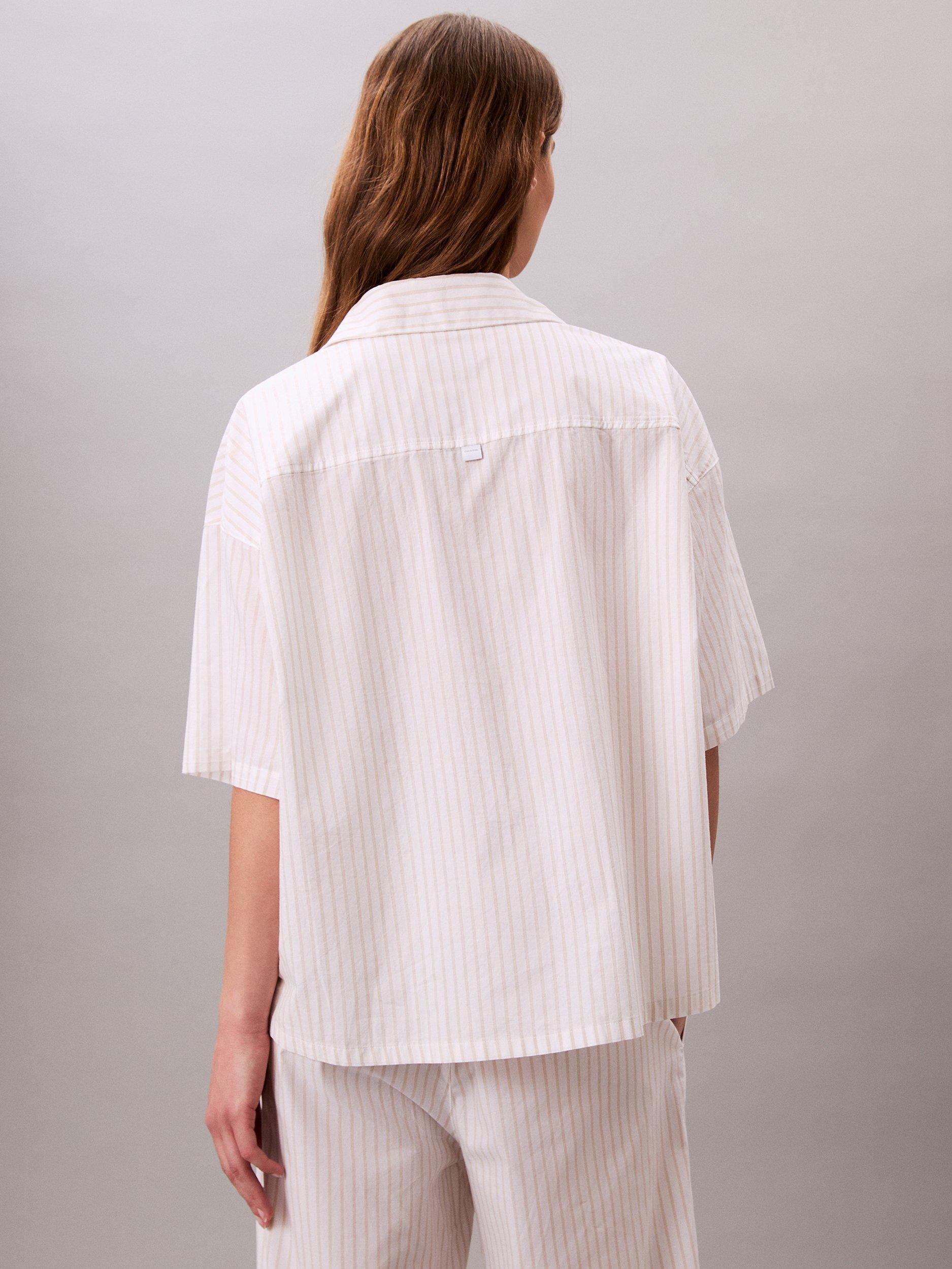 Product image 2 of 5, which shows Calvin Klein Stripe Cotton Poplin Pyjama Top, Pelican, XS