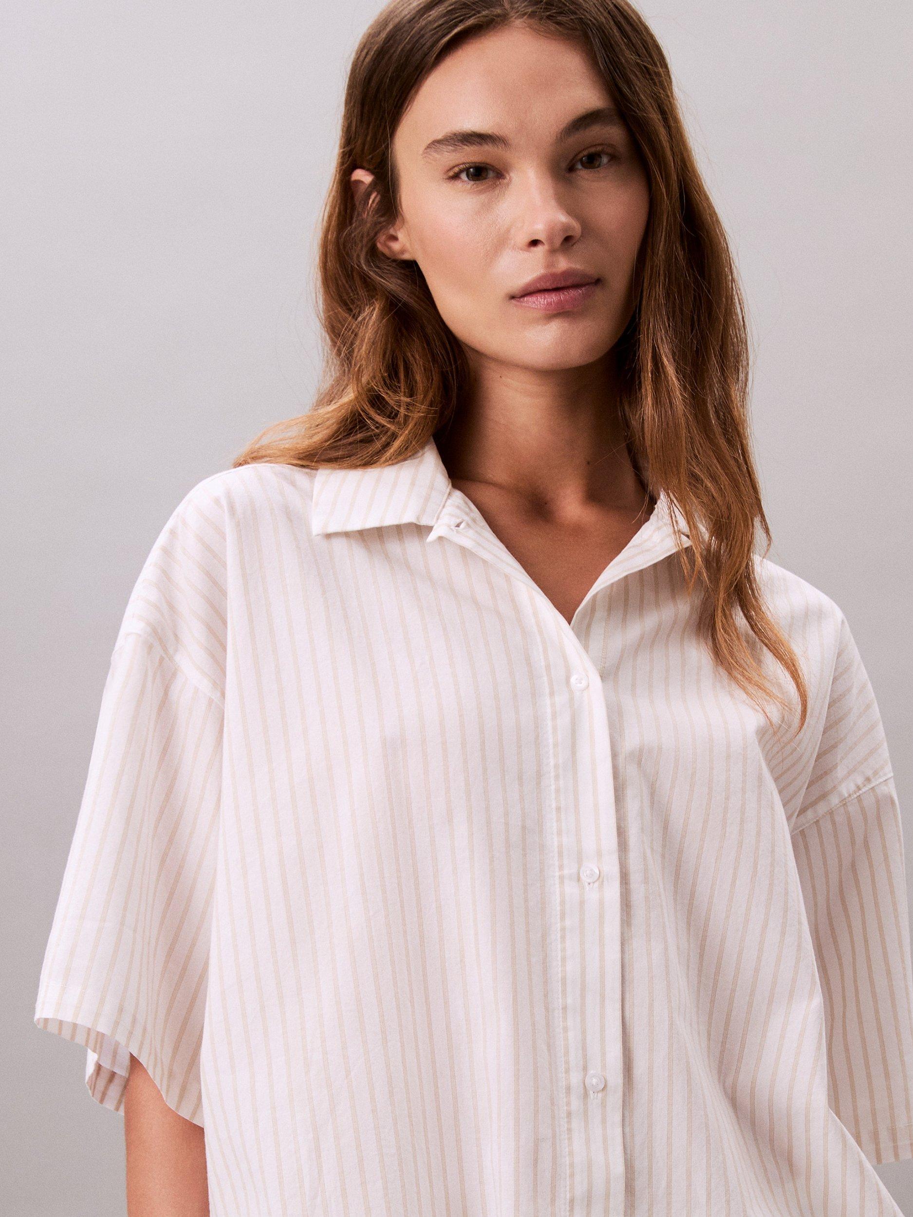 Product image 4 of 5, which shows Calvin Klein Stripe Cotton Poplin Pyjama Top, Pelican, XS
