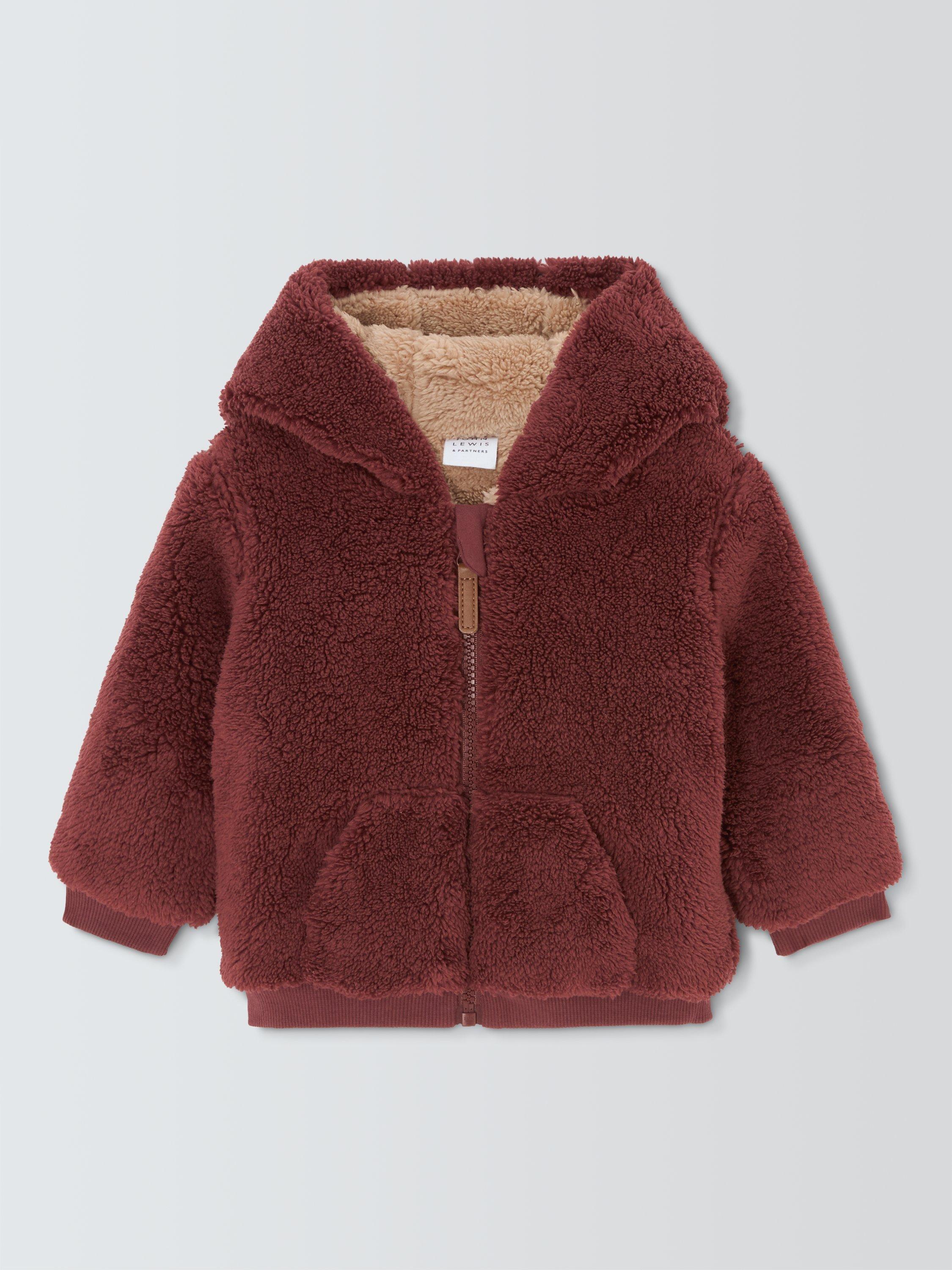 Product image 1 of 3, which shows John Lewis Baby Borg Zip Down Hoodie, Brown, 0-3 months