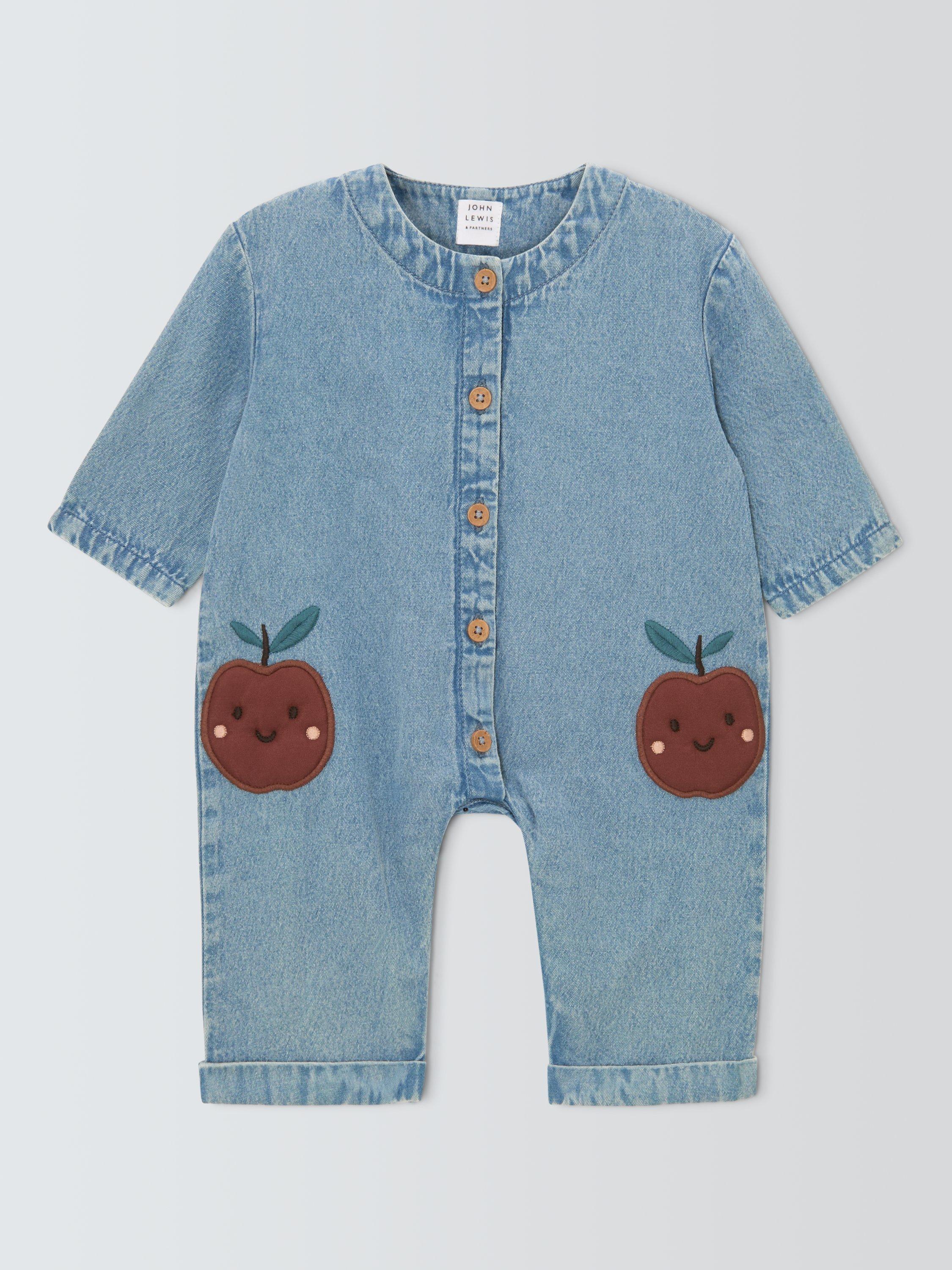 Product image 1 of 3, which shows John Lewis Baby  Apple Denim Romper, Blue, 0-3 months