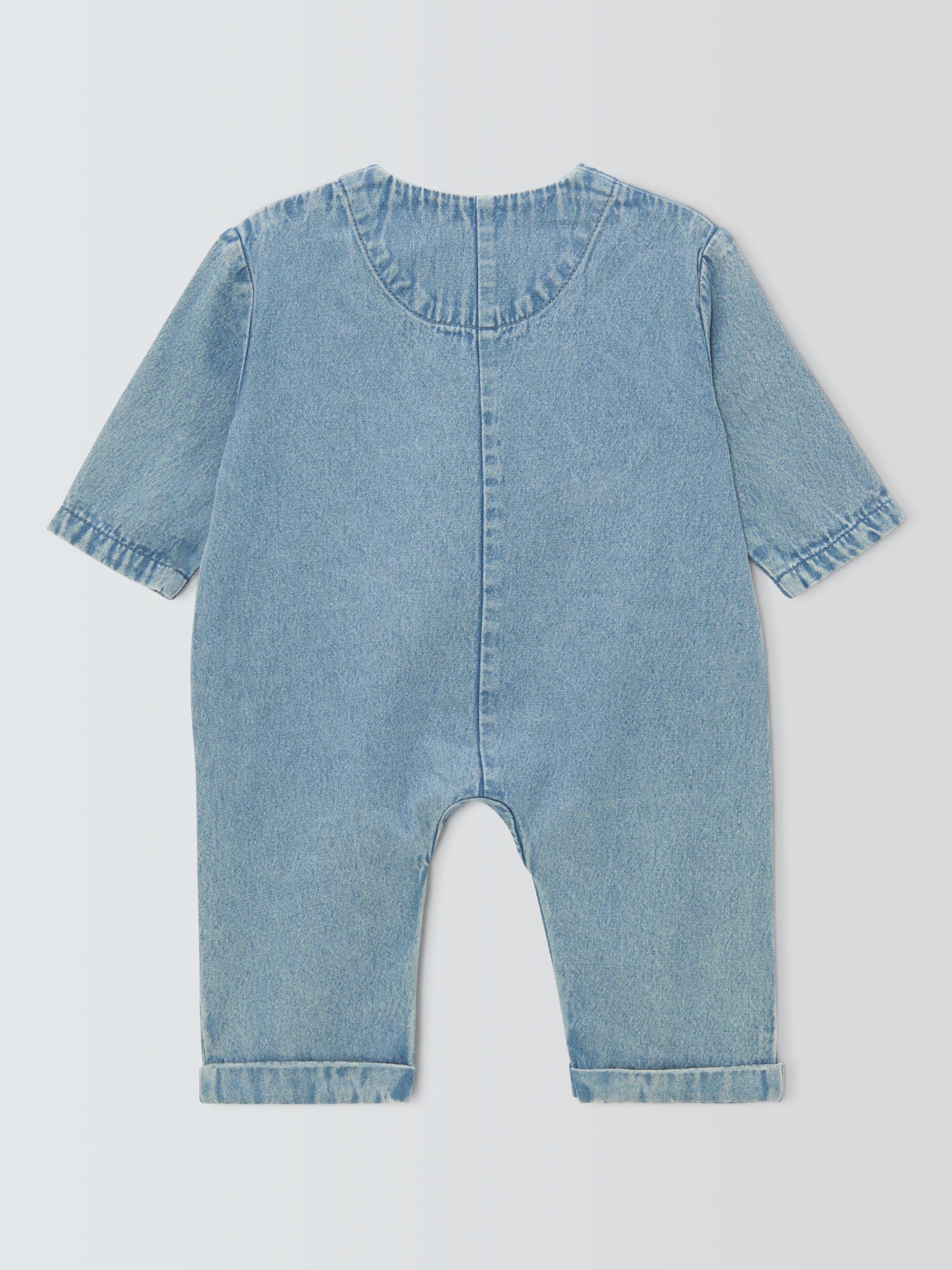 Product image 2 of 3, which shows John Lewis Baby  Apple Denim Romper, Blue, 0-3 months
