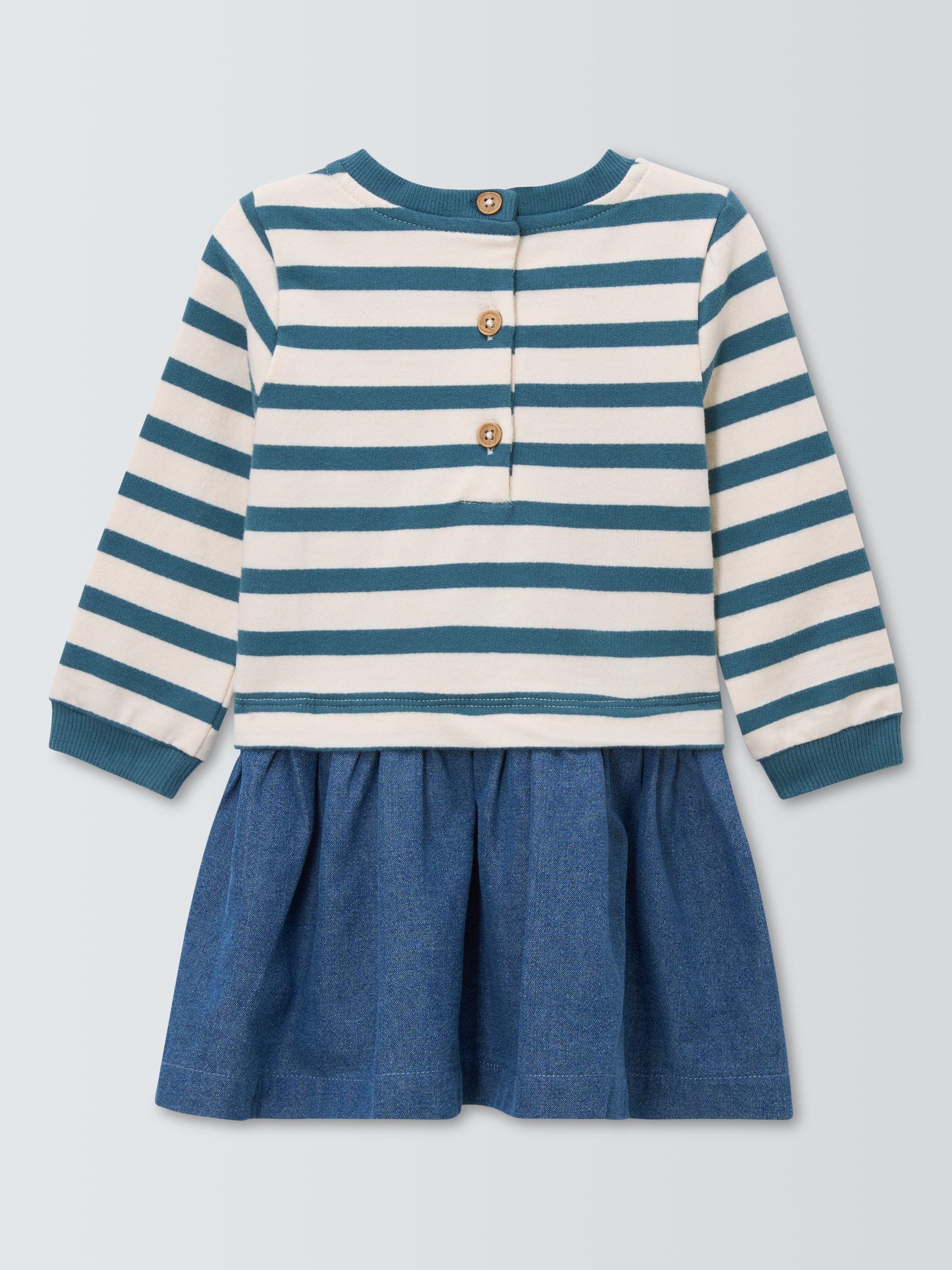 Product image 2 of 3, which shows John Lewis Baby Stripe Denim Dress, Blue, 0-3 months