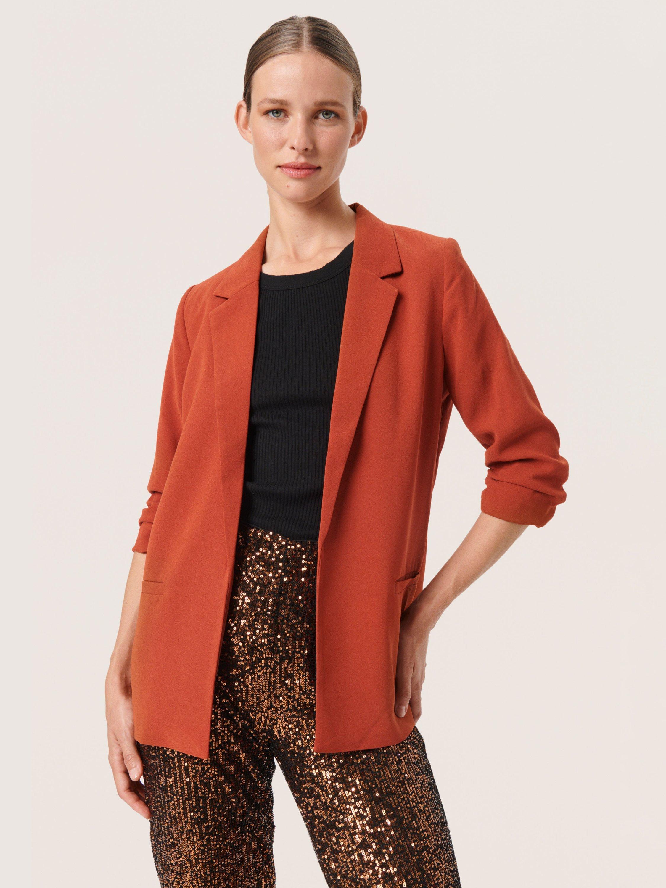 Product image 1 of 6, which shows Soaked In Luxury Shirley Ruched Sleeve Blazer, Picante, XS