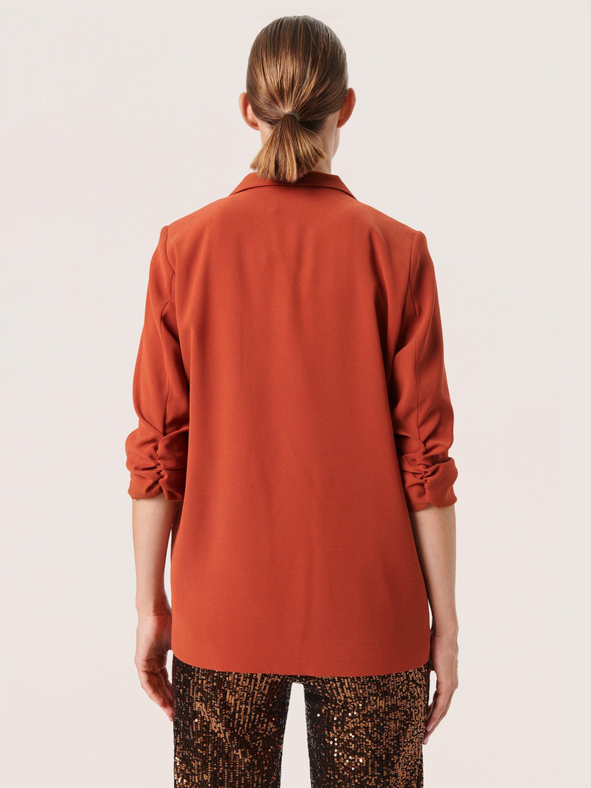 Product image 2 of 6, which shows Soaked In Luxury Shirley Ruched Sleeve Blazer, Picante, XS