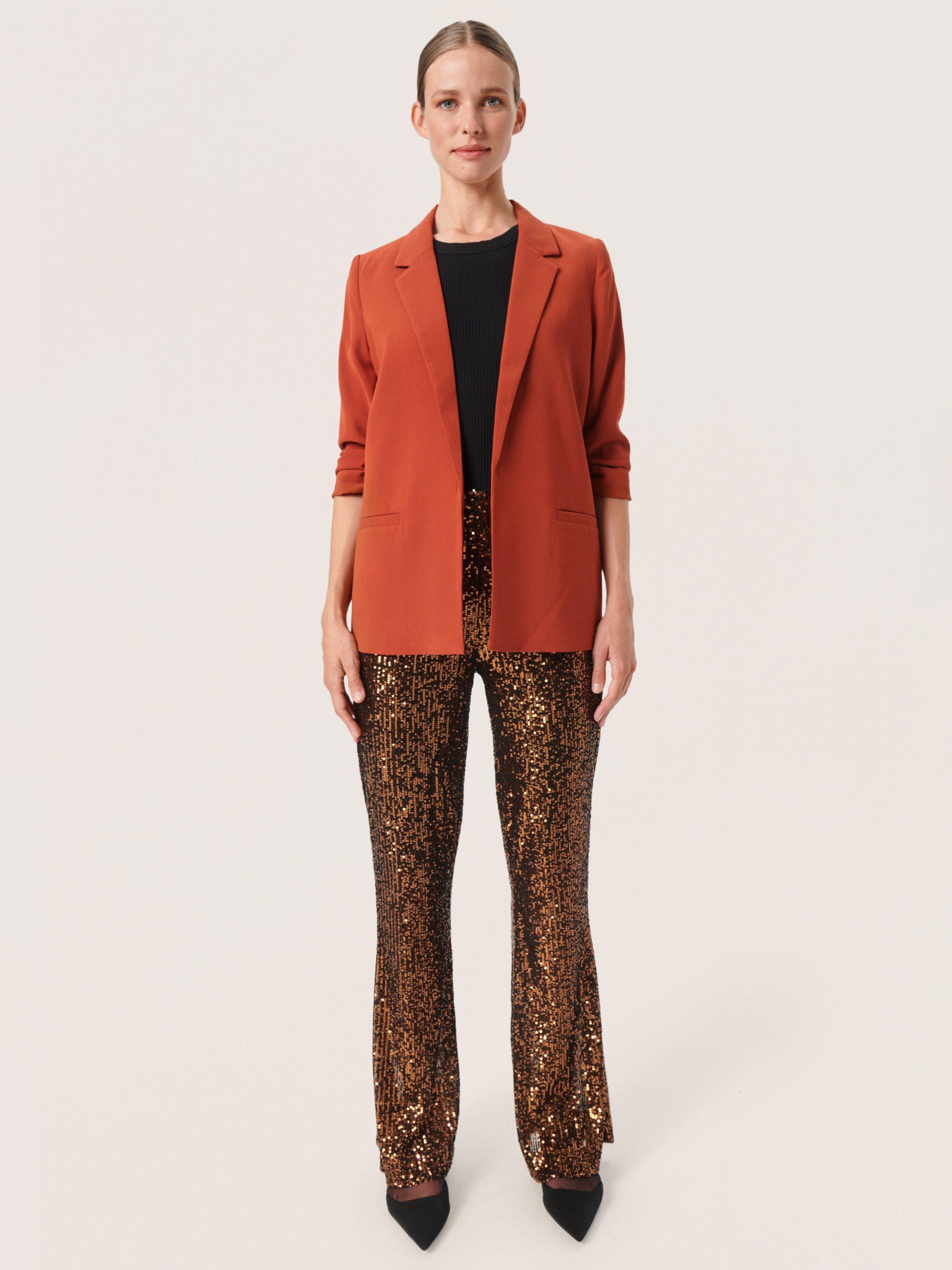 Product image 3 of 6, which shows Soaked In Luxury Shirley Ruched Sleeve Blazer, Picante, XS