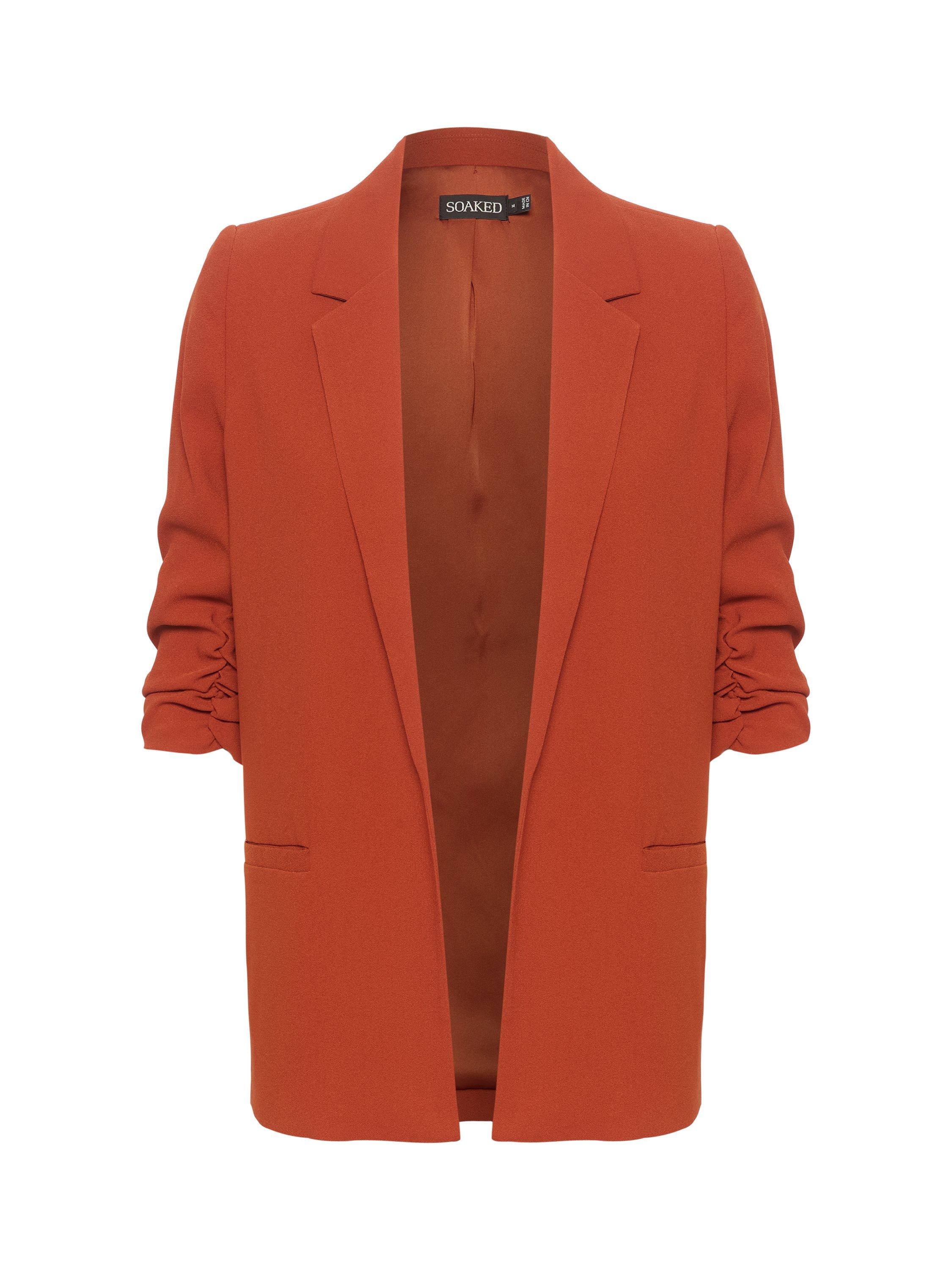 Product image 5 of 6, which shows Soaked In Luxury Shirley Ruched Sleeve Blazer, Picante, XS