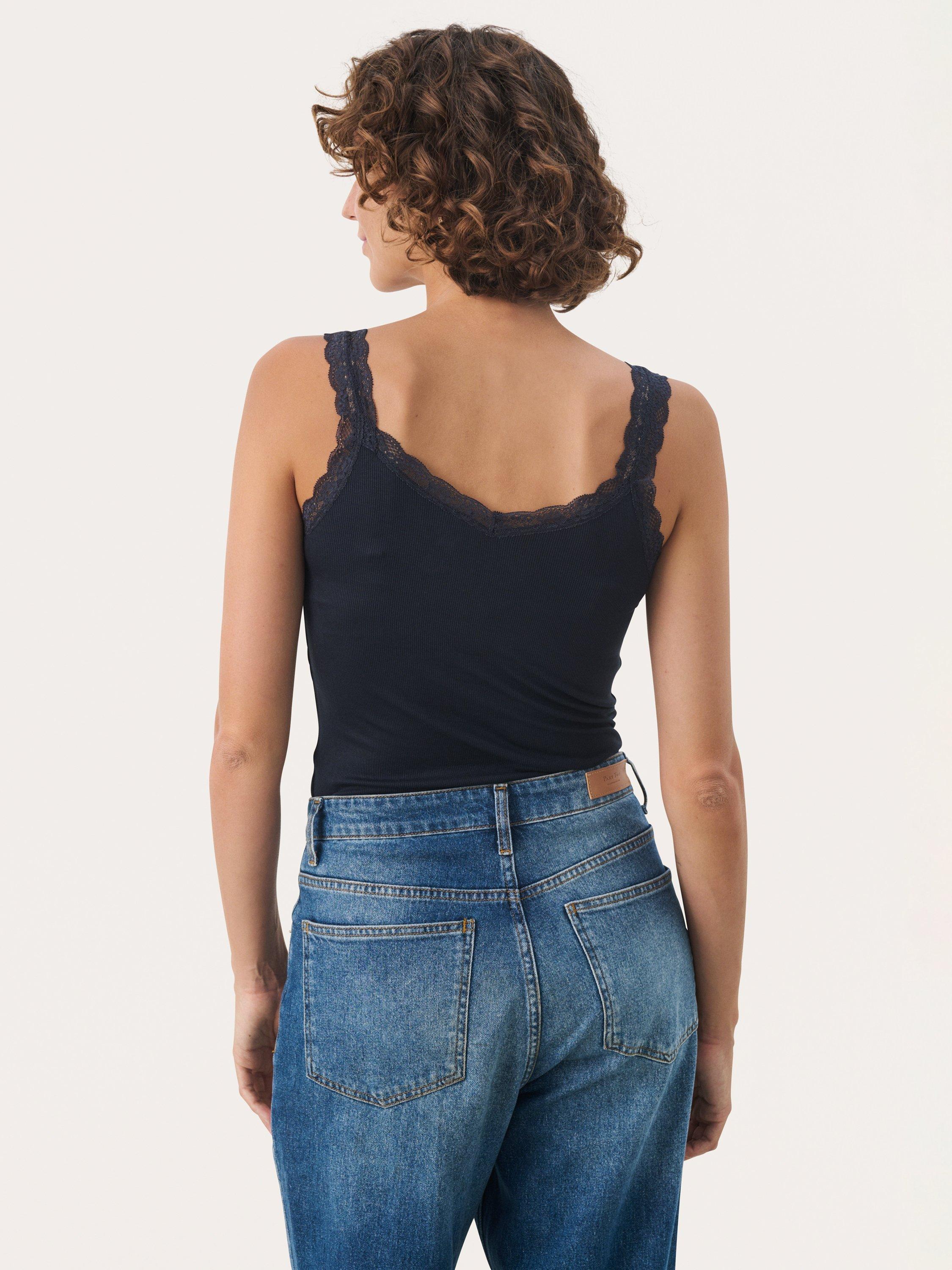 Product image 2 of 6, which shows Part Two JelonaPW Lace Trim V-Neck Slim Fit Vest Top, Navy, XS