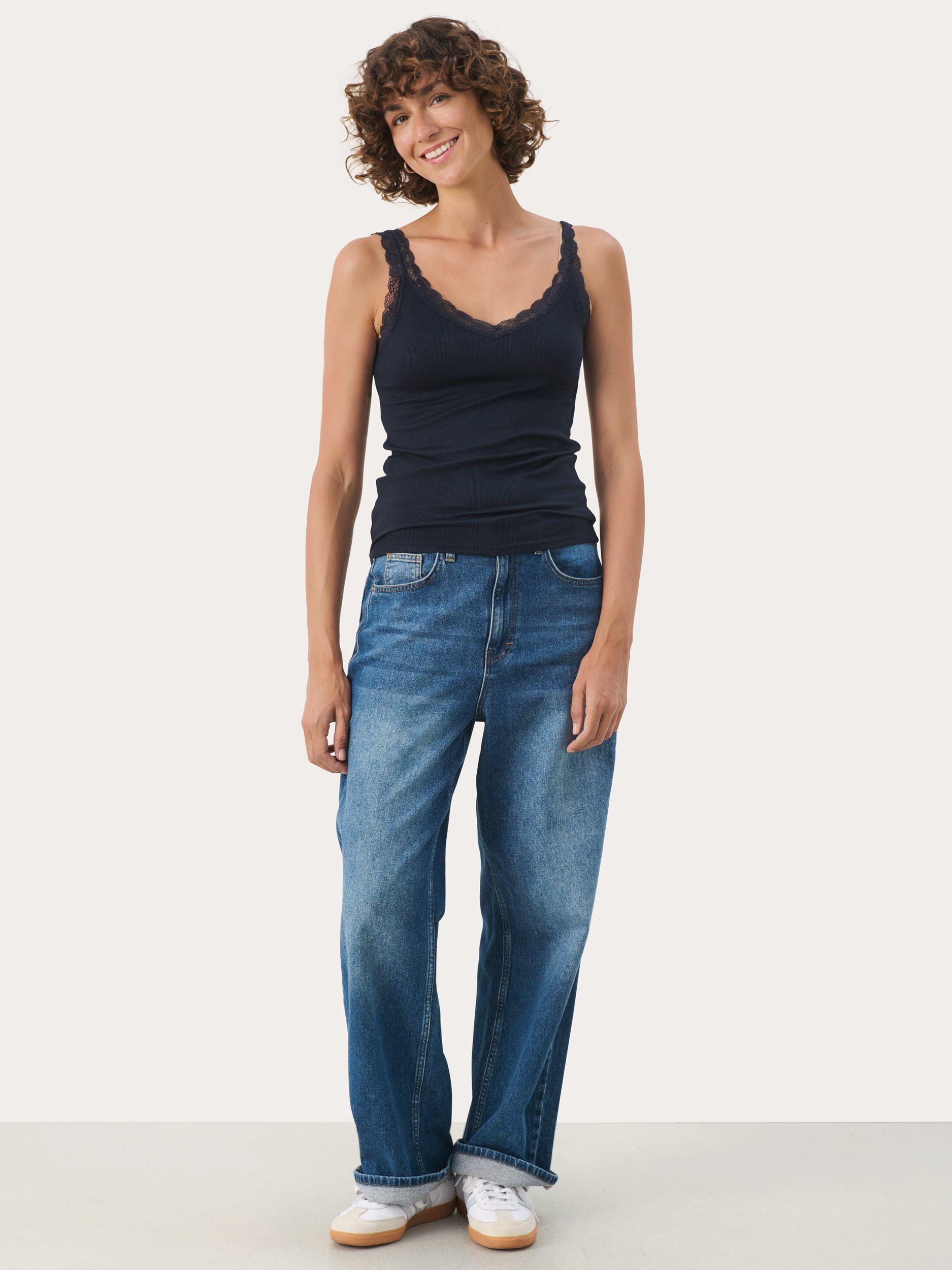 Product image 3 of 6, which shows Part Two JelonaPW Lace Trim V-Neck Slim Fit Vest Top, Navy, XS
