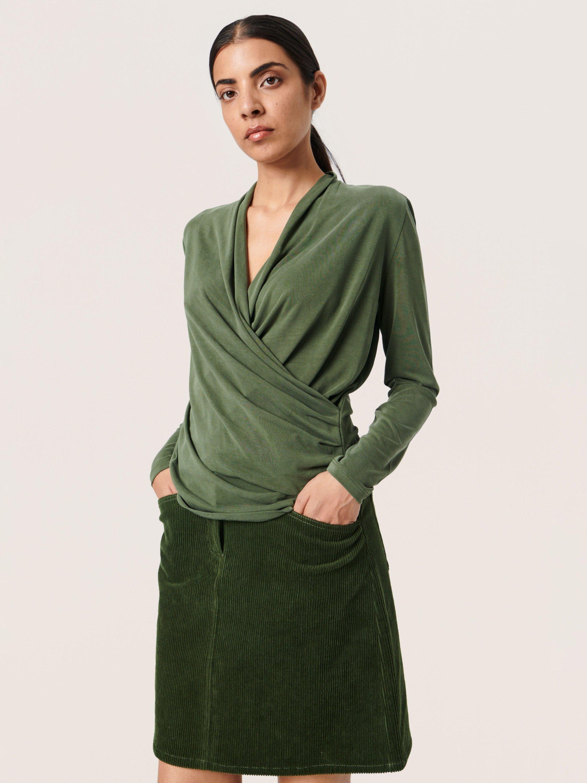 Product image 1 of 5, which shows Soaked In Luxury Columbine Long Sleeve Wrap Blouse, Kombu Green, S