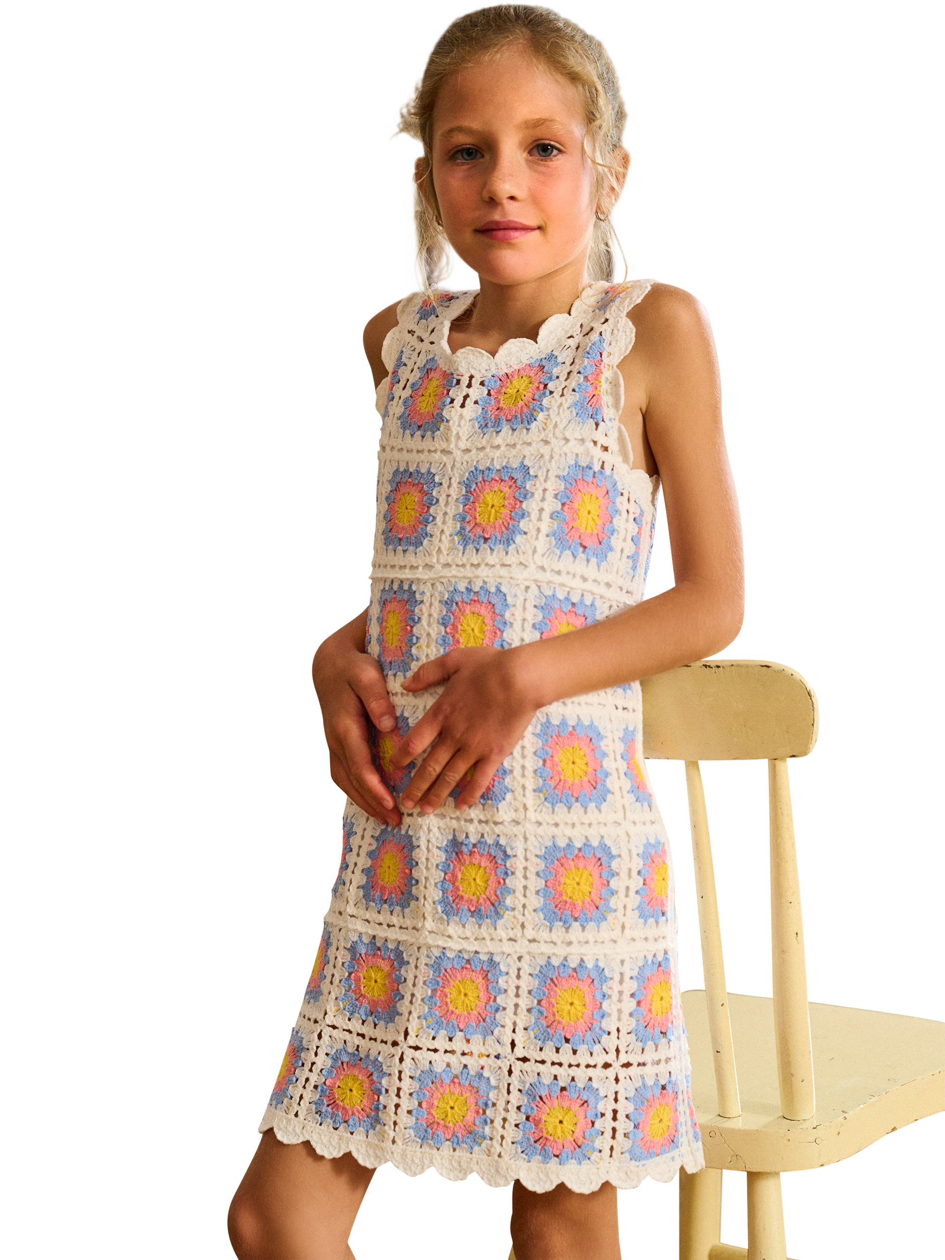 Product image 1 of 3, which shows Hatley Kids' Buttercup Sleeveless Crochet Dress, Cornflower Blue, 2 years