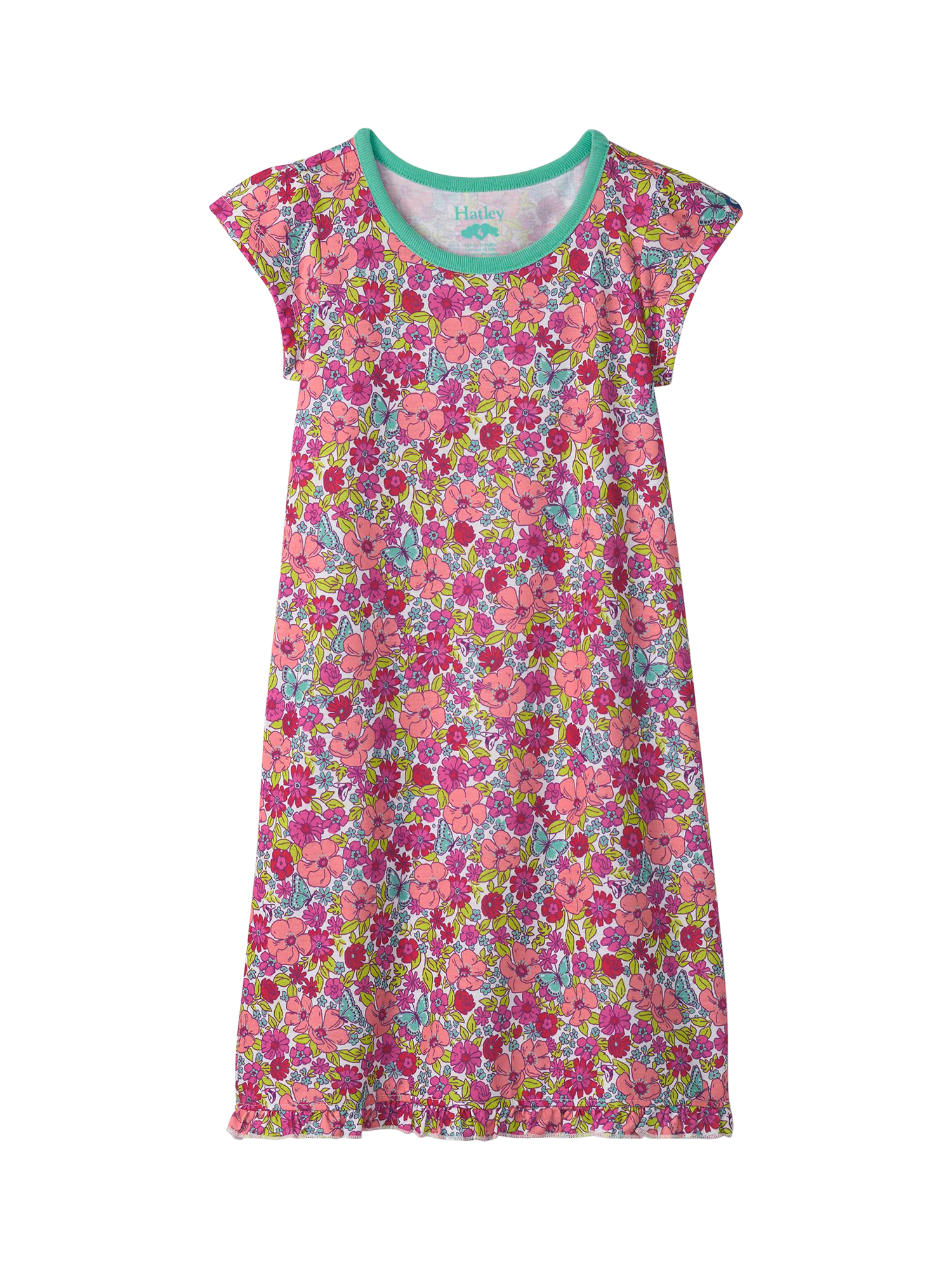 Product image 1 of 2, which shows Hatley Kids' Groovy Flowers Ruffle Hem Nightdress, Flamingo Pink, 2 years