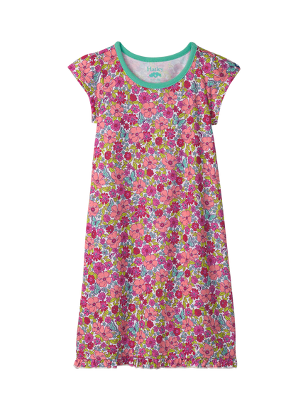 Hatley Kids' Groovy Flowers Ruffle Hem Nightdress, Flamingo Pink, Flamingo Pink