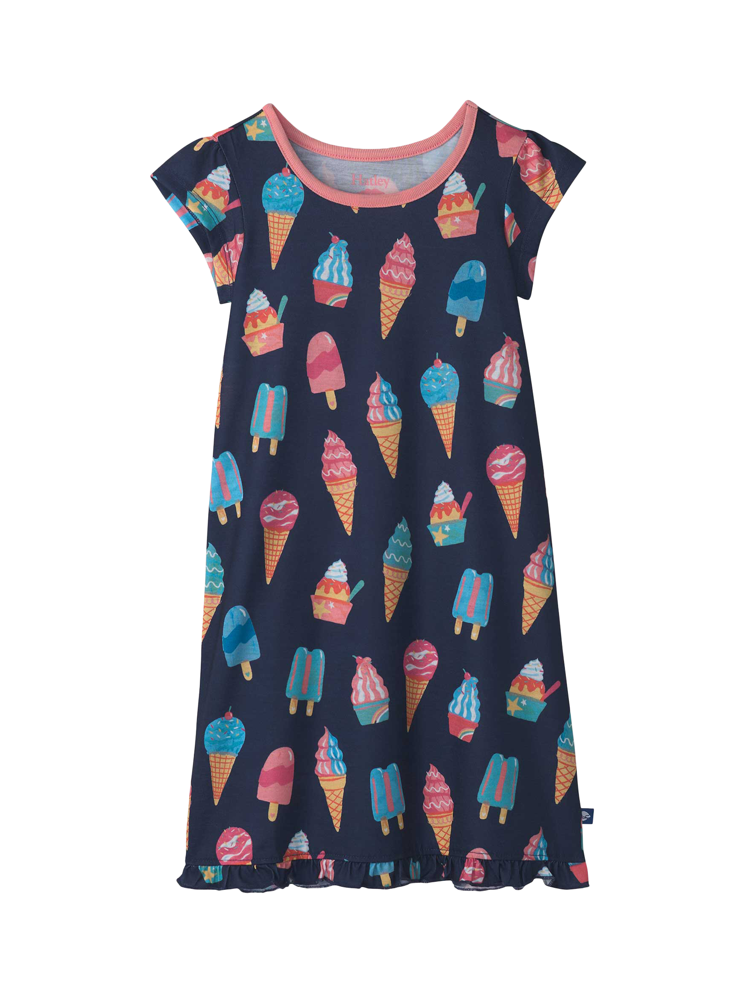 Product image 1 of 2, which shows Hatley Kids' Ice Cream Treats Ruffle Hem Nightdress, Patriot Blue, 2 years