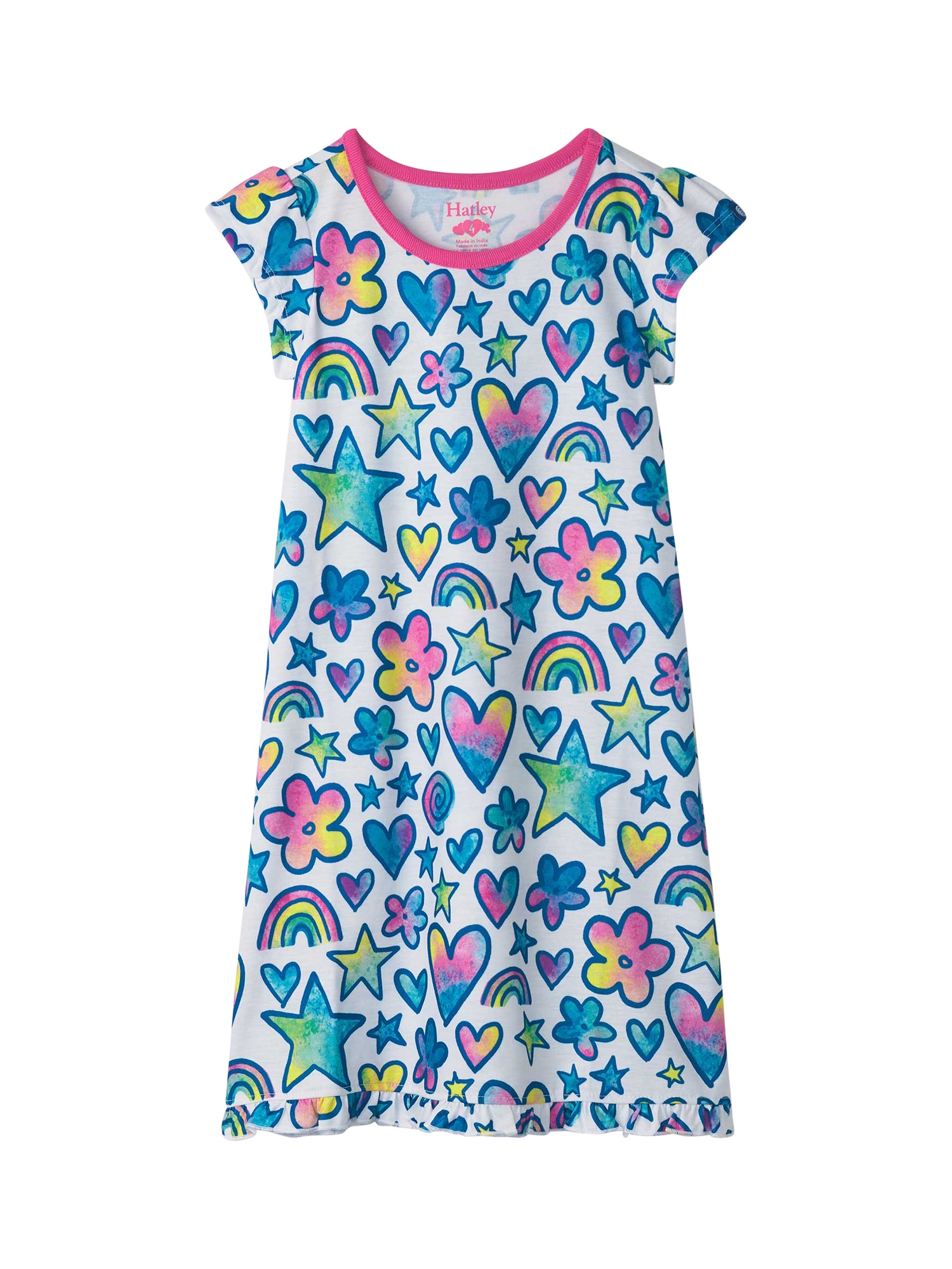 Product image 1 of 2, which shows Hatley Kids' Watercolour Doodles Ruffle Hem Nightdress, White, 2 years