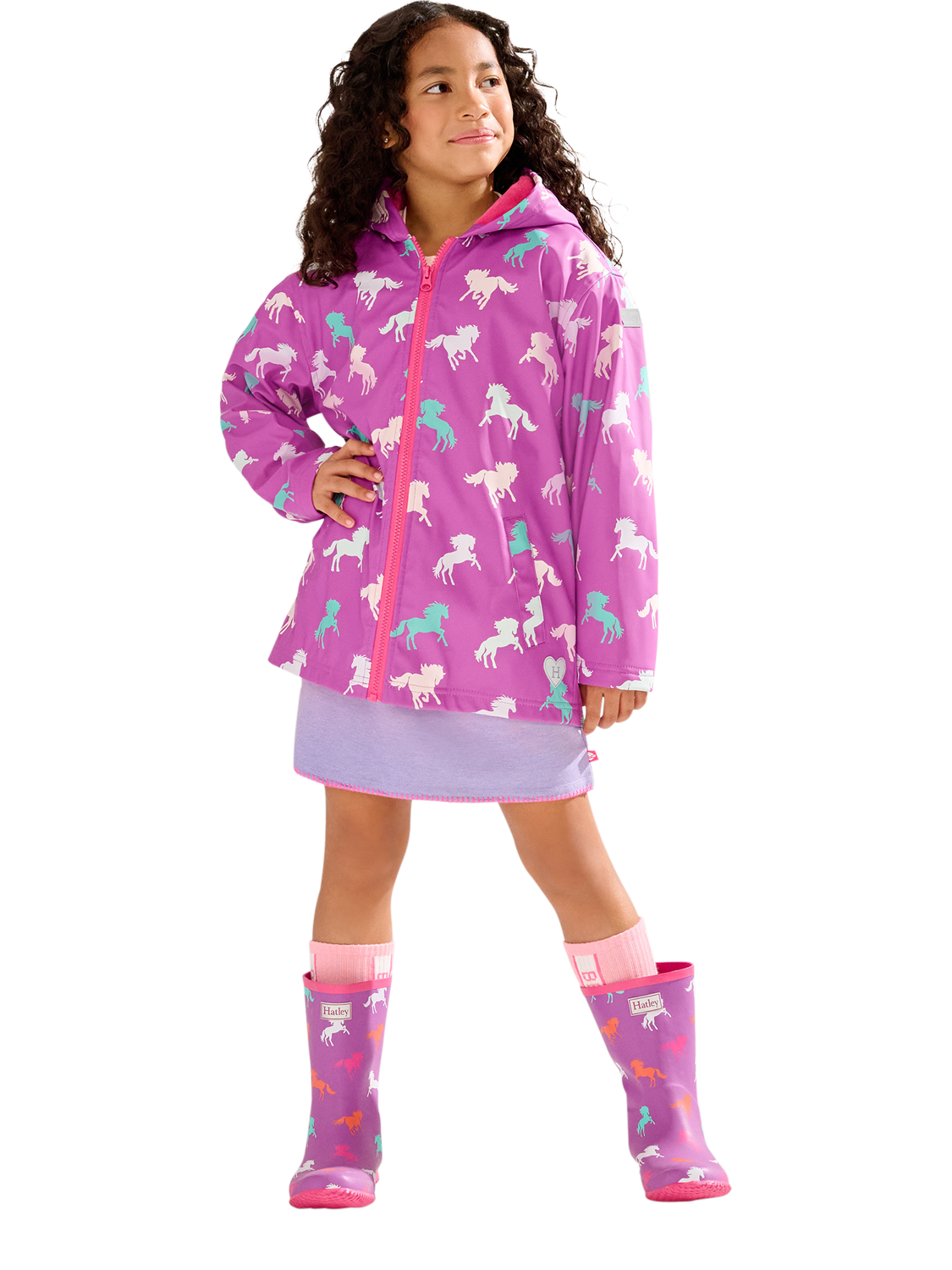 Product image 1 of 4, which shows Hatley Kids' Waterproof Horse Raincoat, Violet/Multi, 2 years