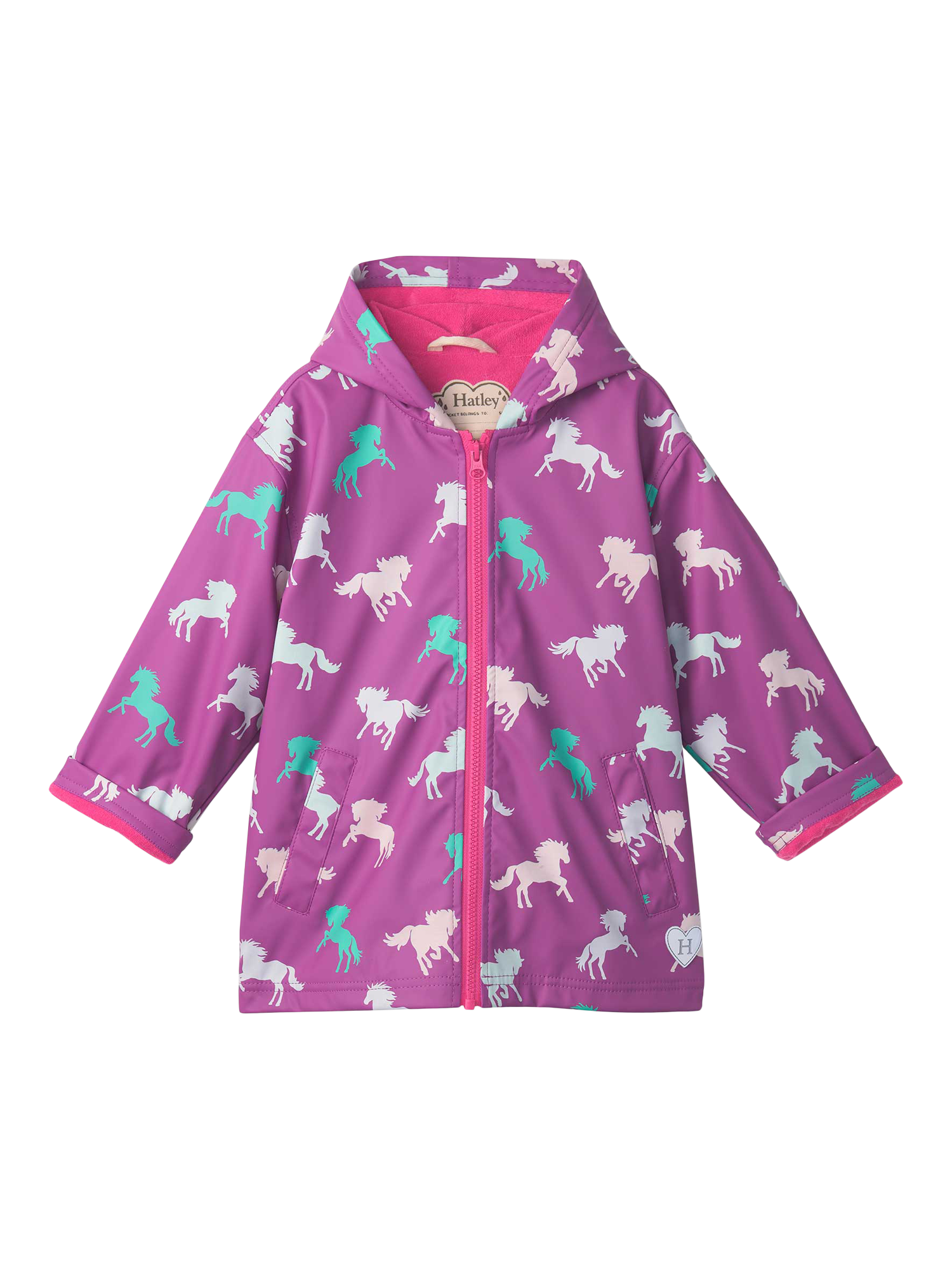 Product image 2 of 4, which shows Hatley Kids' Waterproof Horse Raincoat, Violet/Multi, 2 years