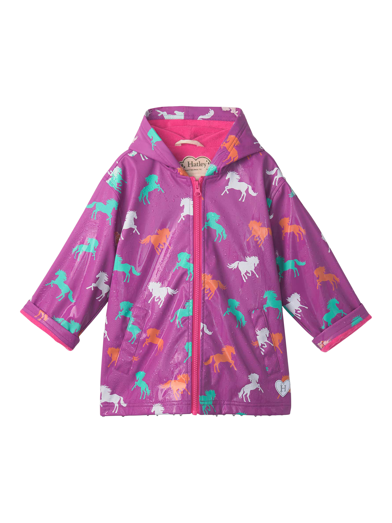 Product image 3 of 4, which shows Hatley Kids' Waterproof Horse Raincoat, Violet/Multi, 2 years
