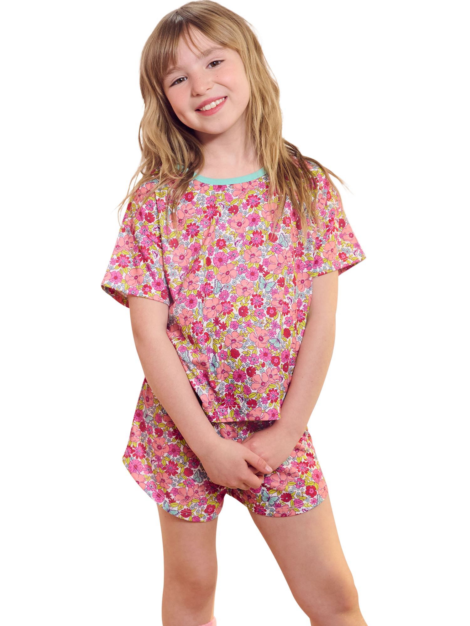 Product image 1 of 4, which shows Hatley Kids' Groovy Flowers Short Pyjama Set, Flamingo Pink, 2 years