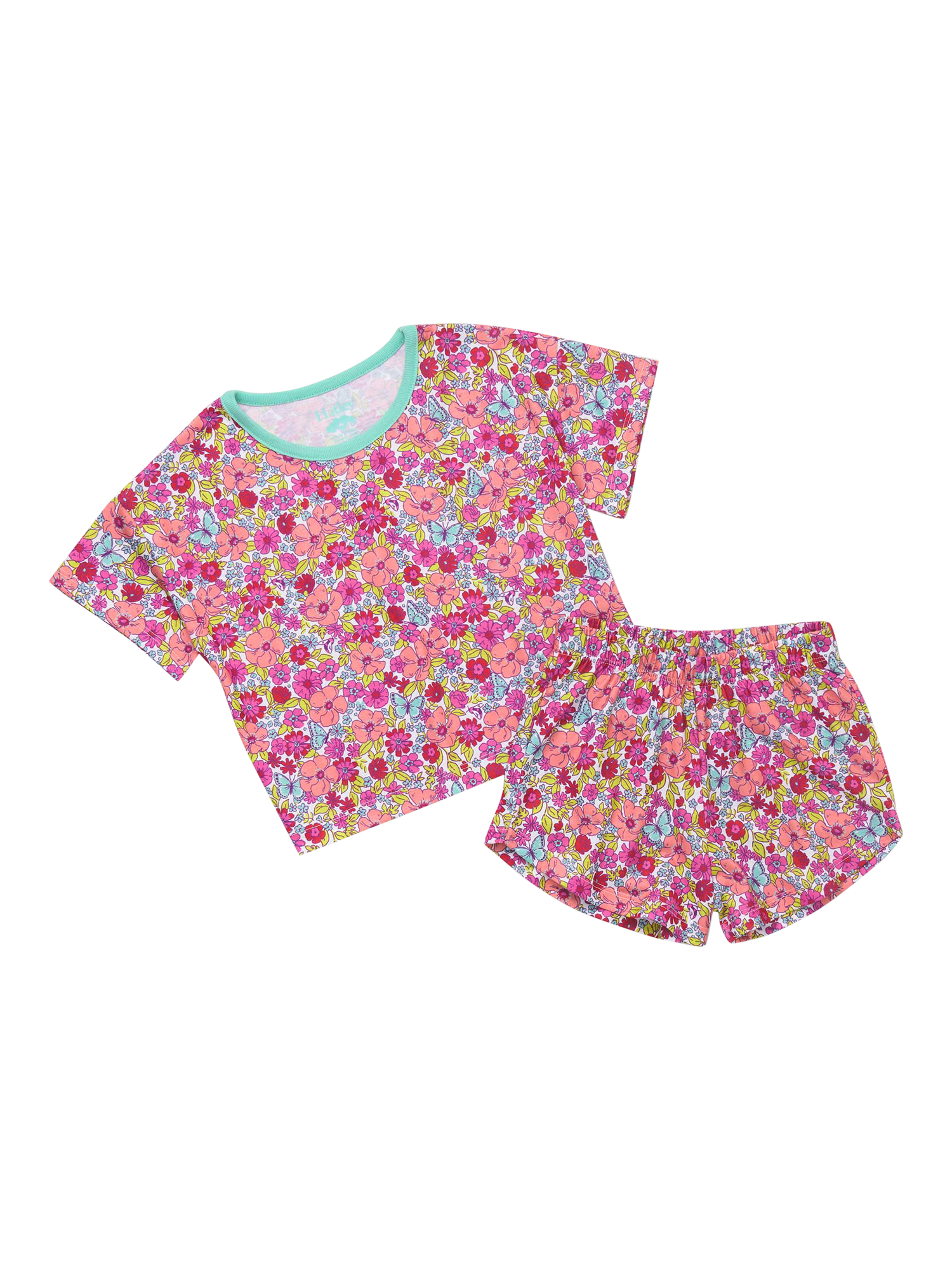 Product image 2 of 4, which shows Hatley Kids' Groovy Flowers Short Pyjama Set, Flamingo Pink, 2 years