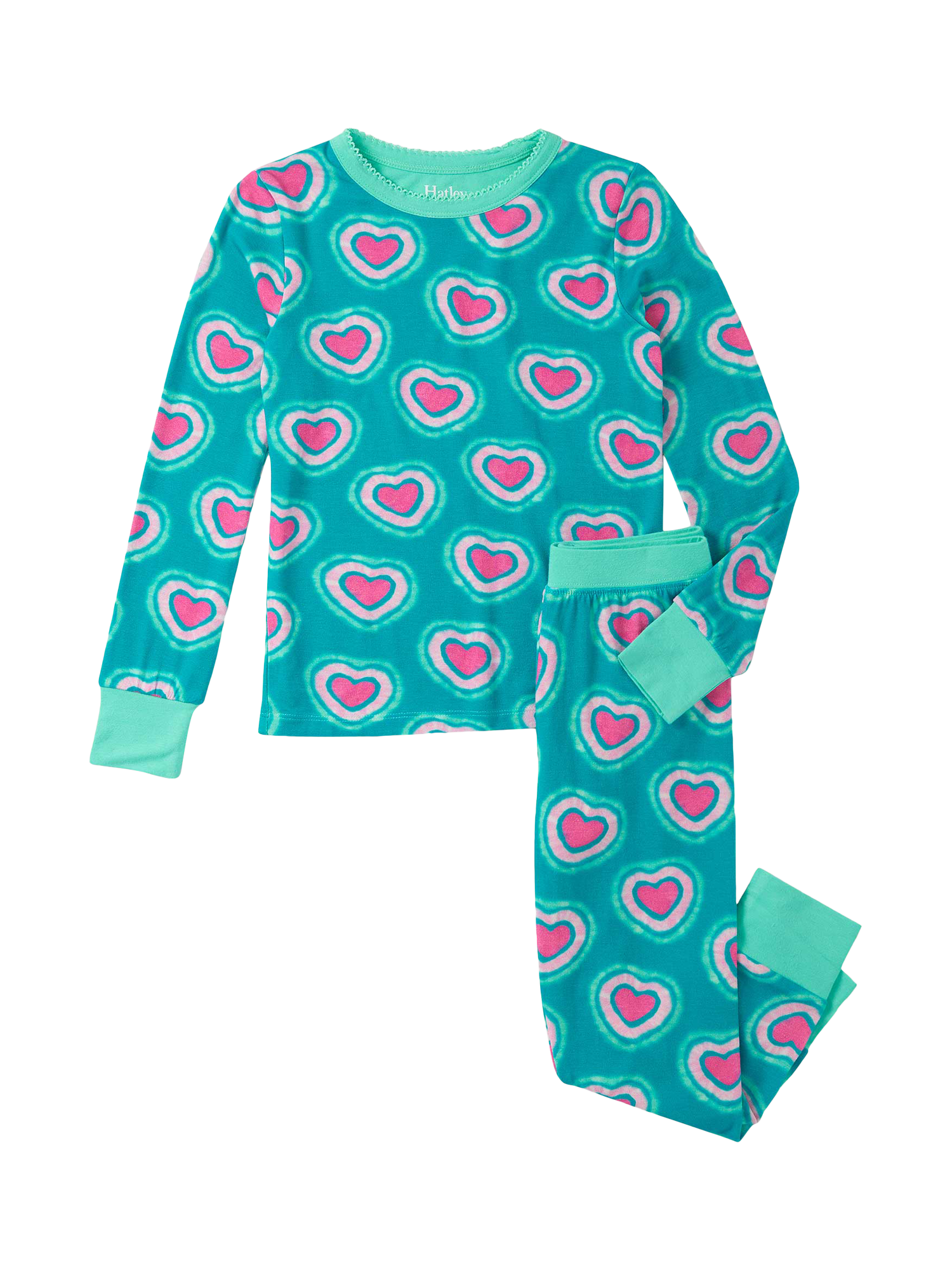 Hatley Kids' Glowing Hearts Bamboo Pajama Set, Viridian Green