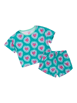 Hatley Kids' Glowing Hearts Short Pyjama Set, Viridian Green, Viridian Green