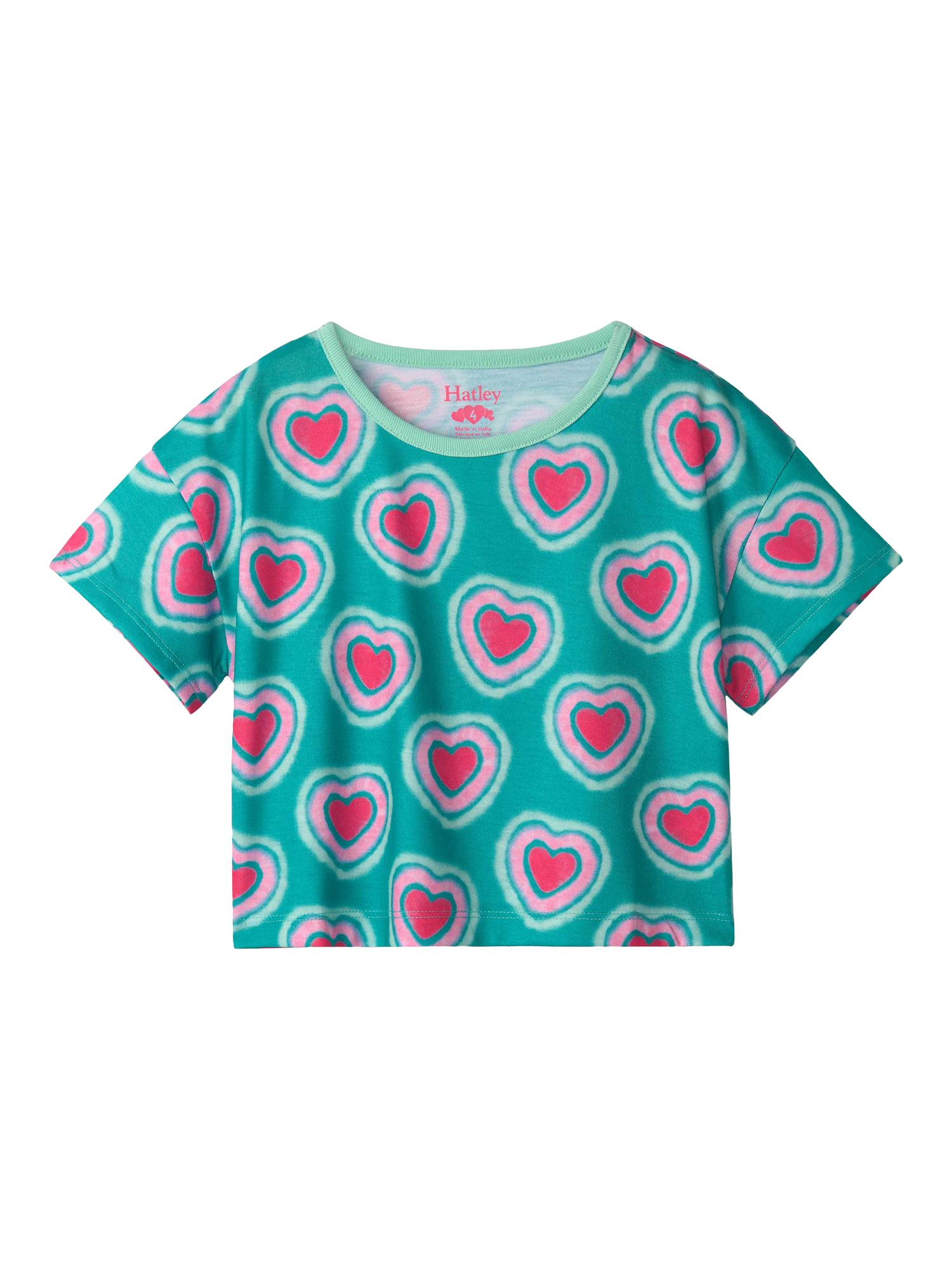 Product image 2 of 3, which shows Hatley Kids' Glowing Hearts Short Pyjama Set, Viridian Green, 2 years