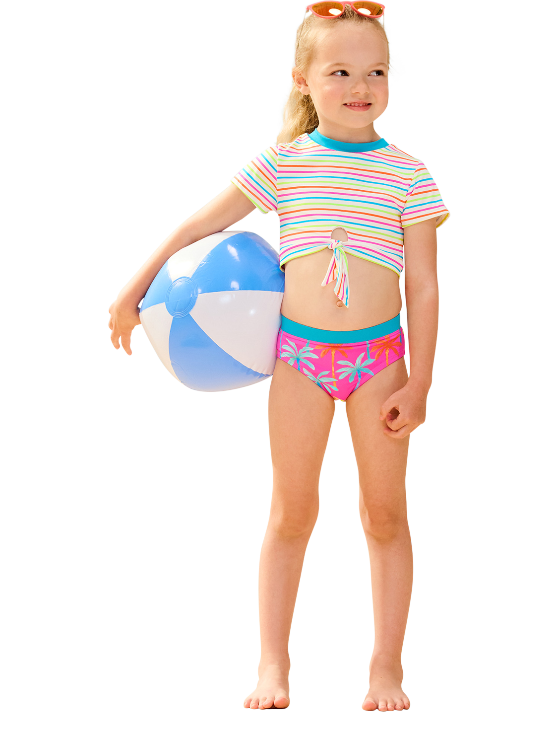 Product image 1 of 3, which shows Hatley Kids' Painted Palms Short Sleeve Tankini Set, Fuchsia Purple, 2 years
