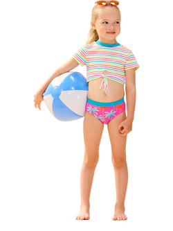 Hatley Kids' Painted Palms Short Sleeve Tankini Set, Fuchsia Purple, Fuchsia Purple