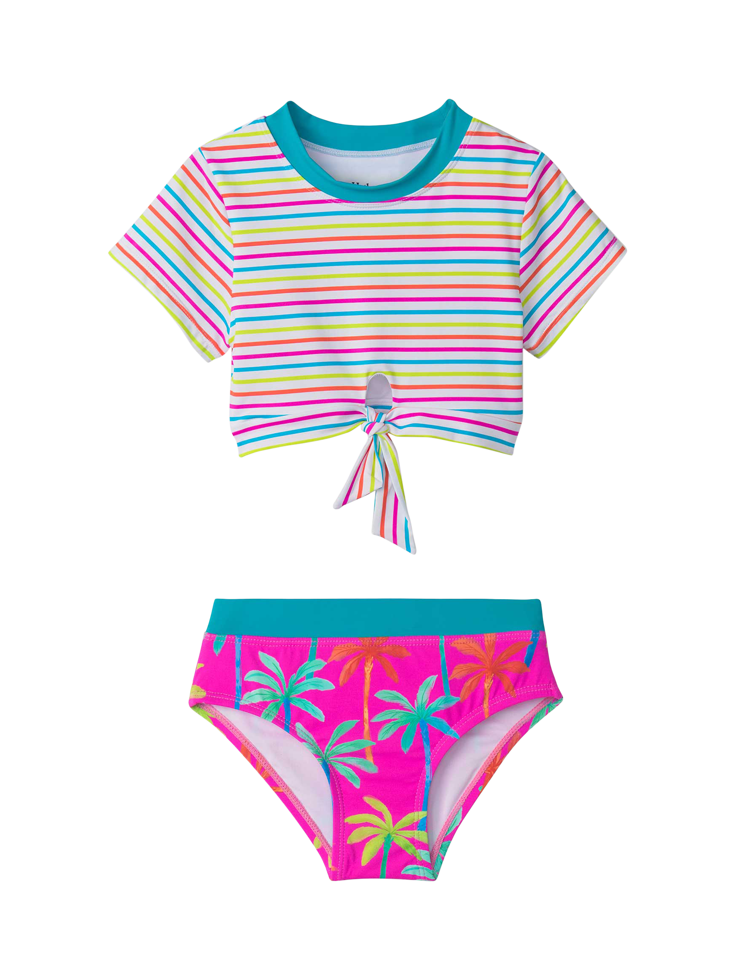 Product image 2 of 3, which shows Hatley Kids' Painted Palms Short Sleeve Tankini Set, Fuchsia Purple, 2 years